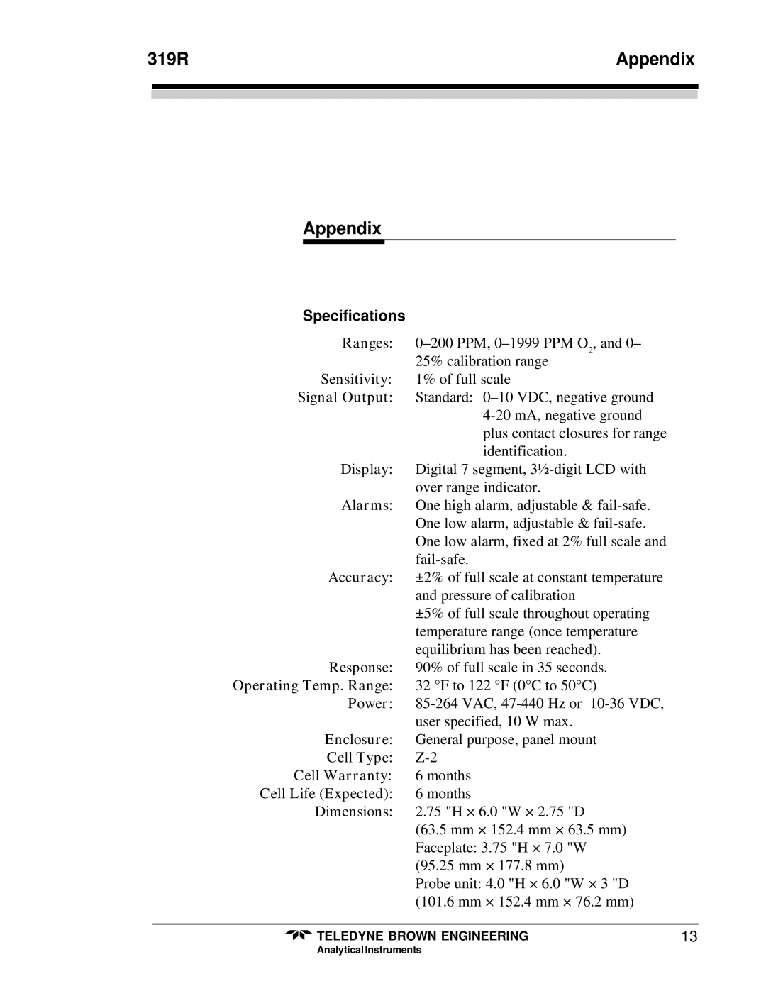 Teledyne instruction manual 319R Appendix, Specifications 