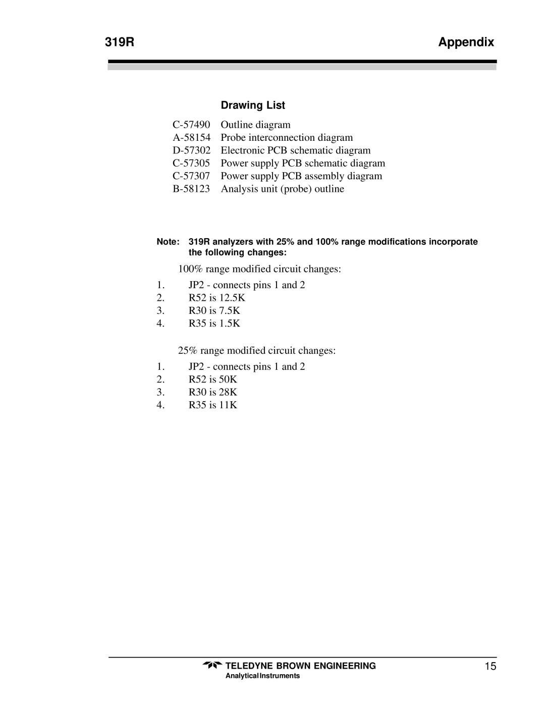 Teledyne 319R instruction manual Drawing List 