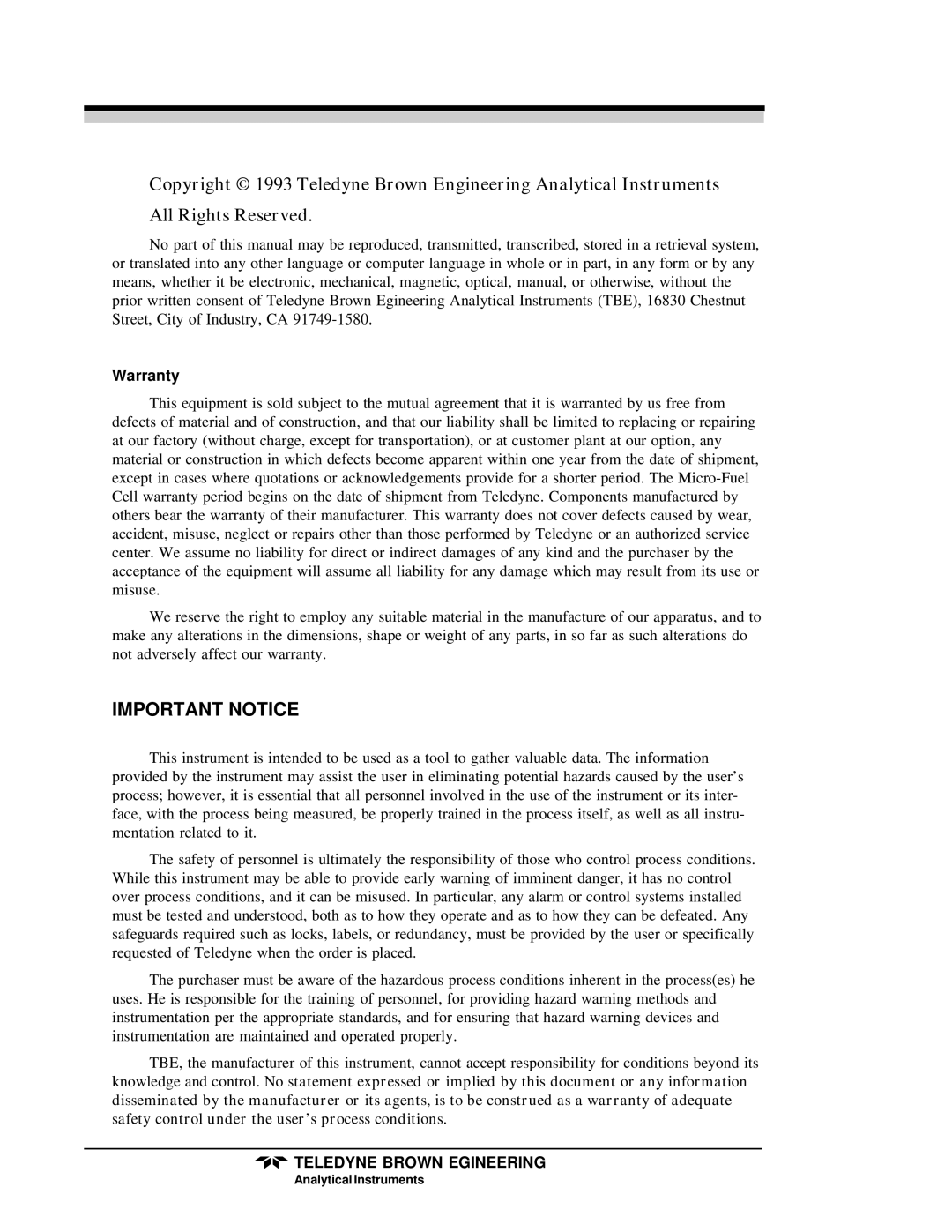 Teledyne 319R instruction manual Important Notice 