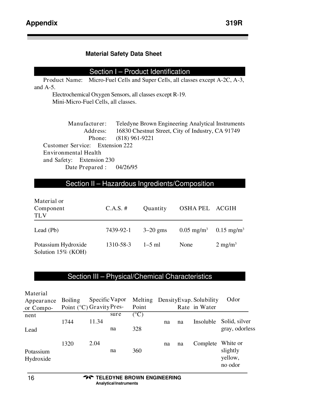 Teledyne 319R Section I Product Identification, Section III Physical/Chemical Characteristics, Material Safety Data Sheet 