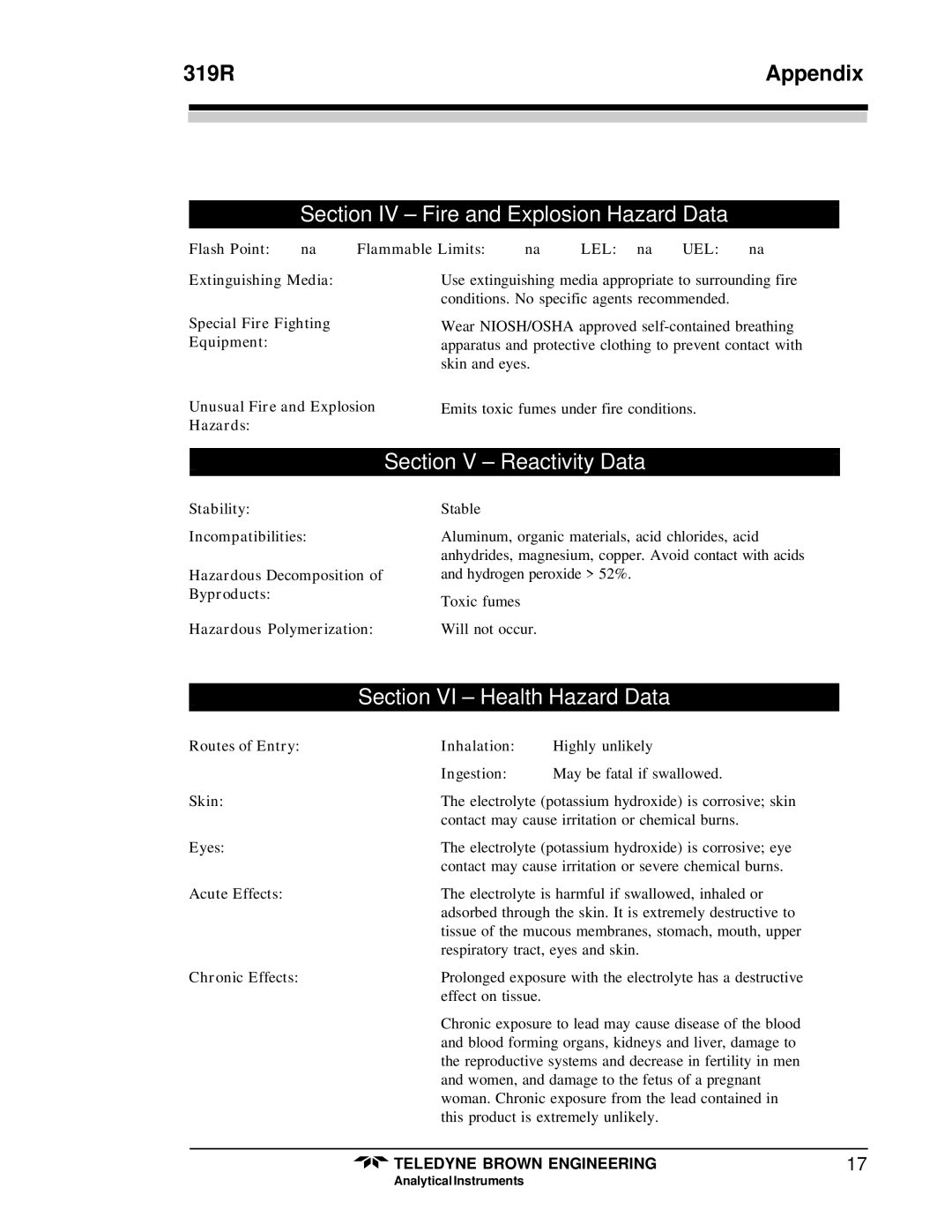 Teledyne 319R Section IV Fire and Explosion Hazard Data, Section V Reactivity Data, Section VI Health Hazard Data 