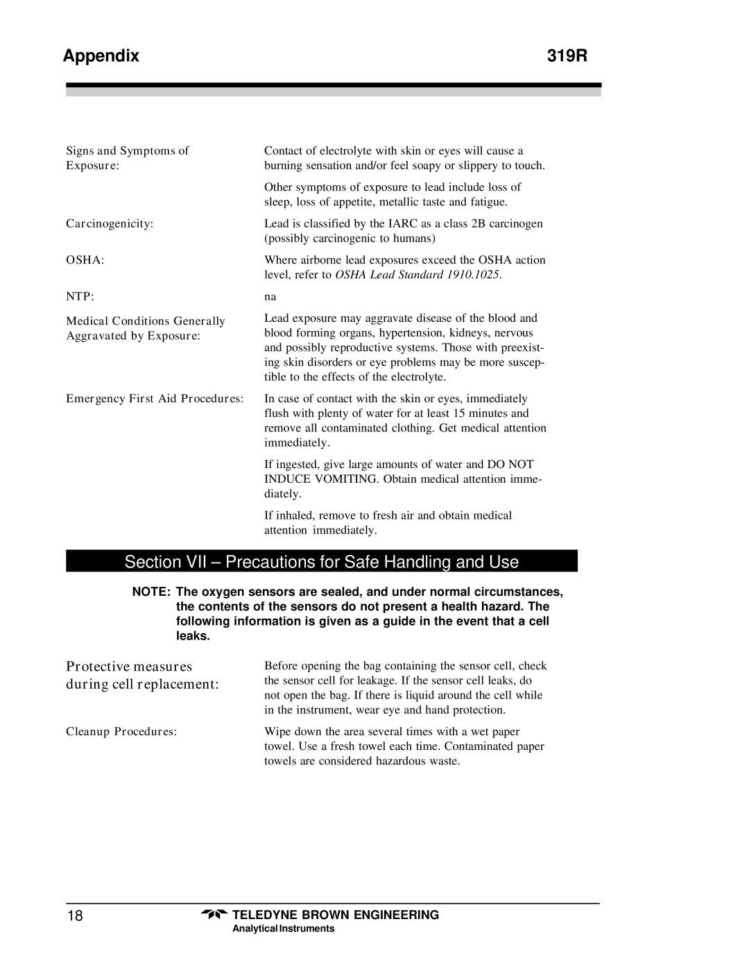 Teledyne 319R Section VII Precautions for Safe Handling and Use, Protective measures during cell replacement 