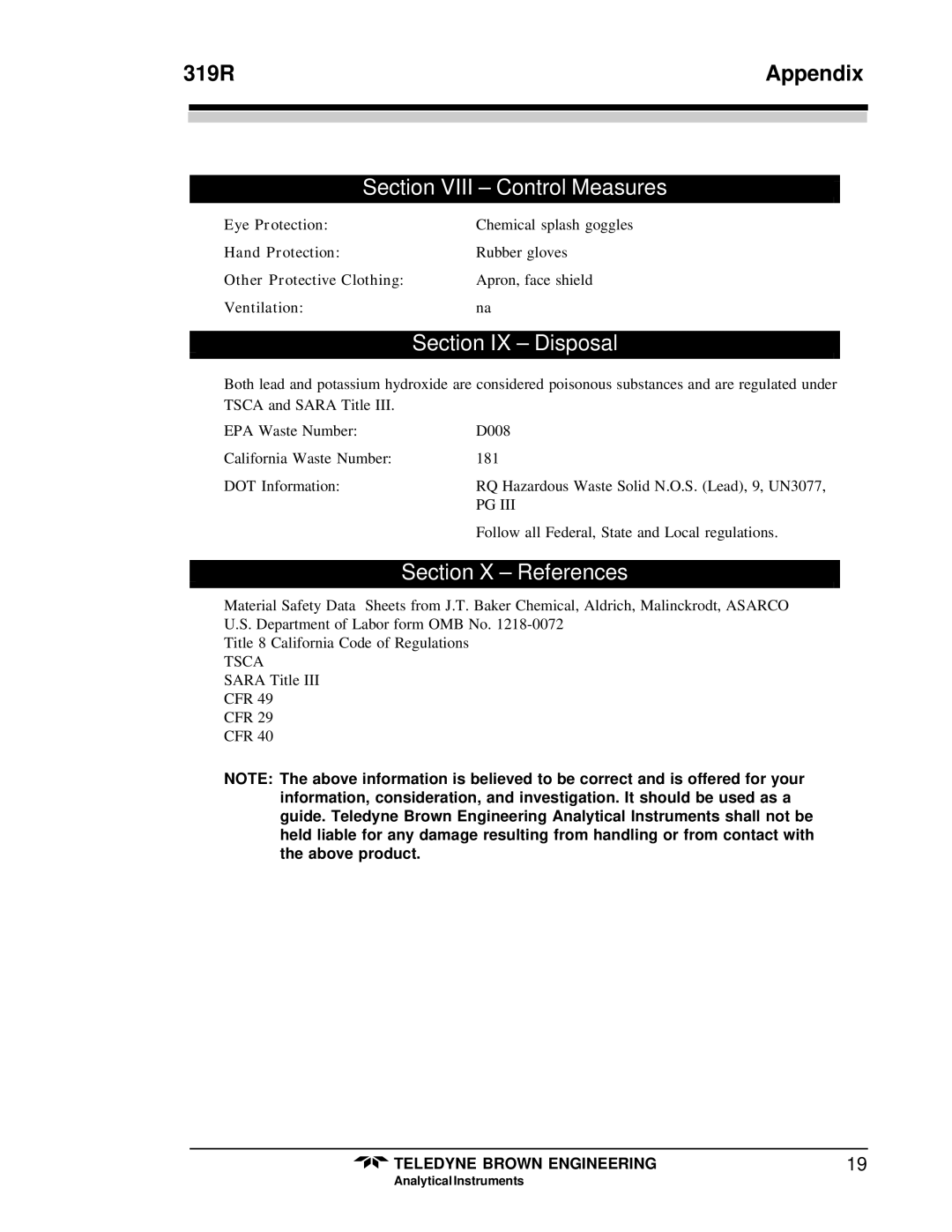 Teledyne 319R instruction manual Section Viii Control Measures, Section IX Disposal, Section X References 