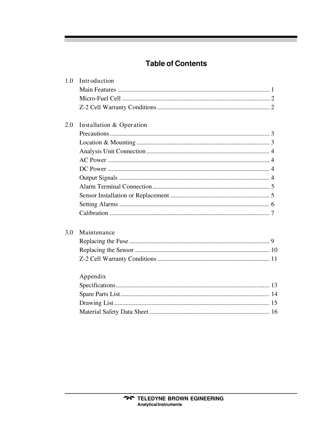 Teledyne 319R instruction manual Table of Contents 