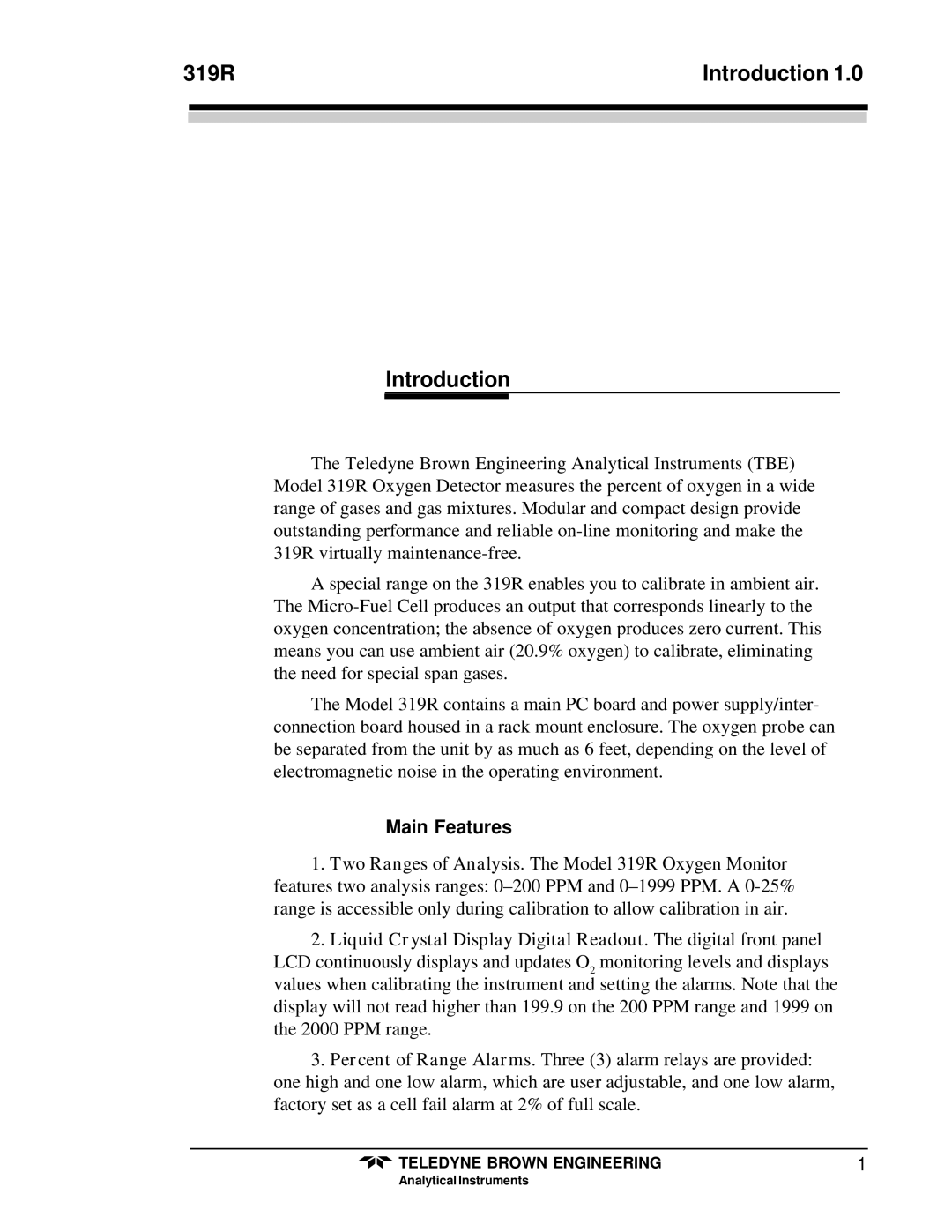 Teledyne 319R instruction manual Introduction, Main Features 