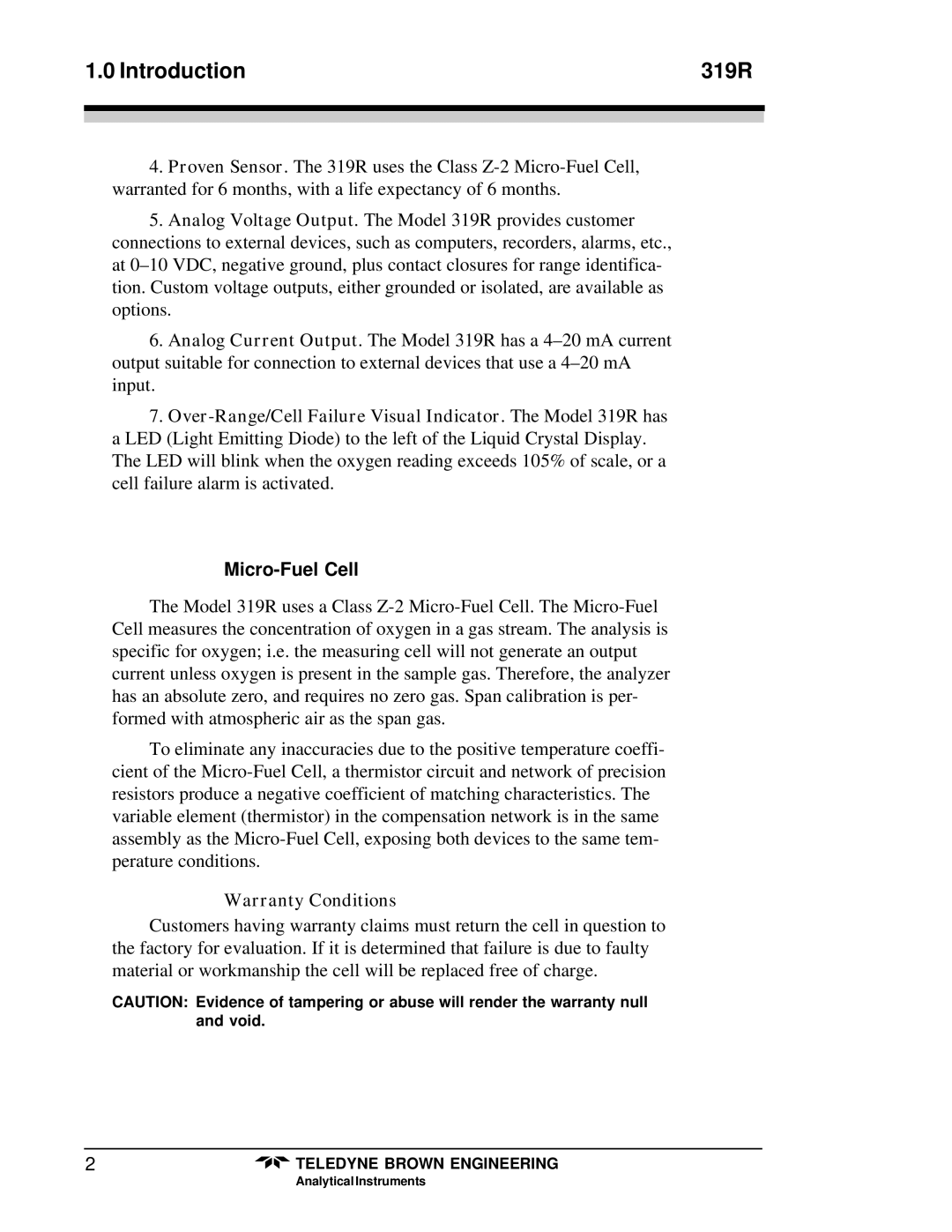 Teledyne instruction manual Introduction 319R, Micro-Fuel Cell, Warranty Conditions 