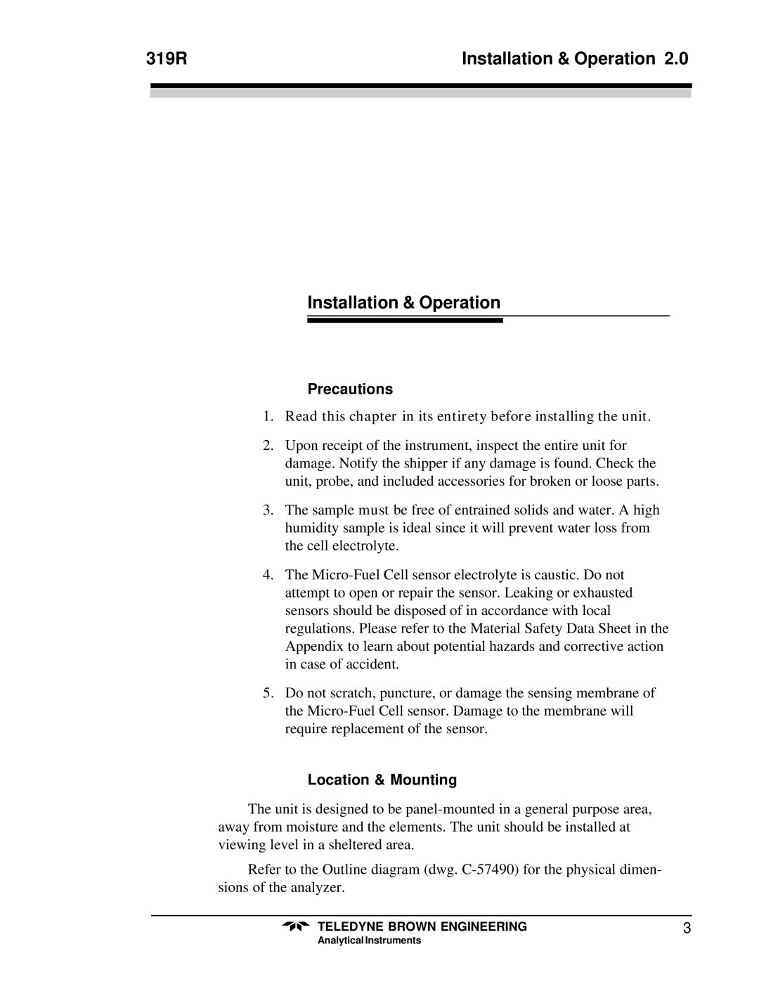 Teledyne 319R instruction manual Installation & Operation, Precautions, Location & Mounting 