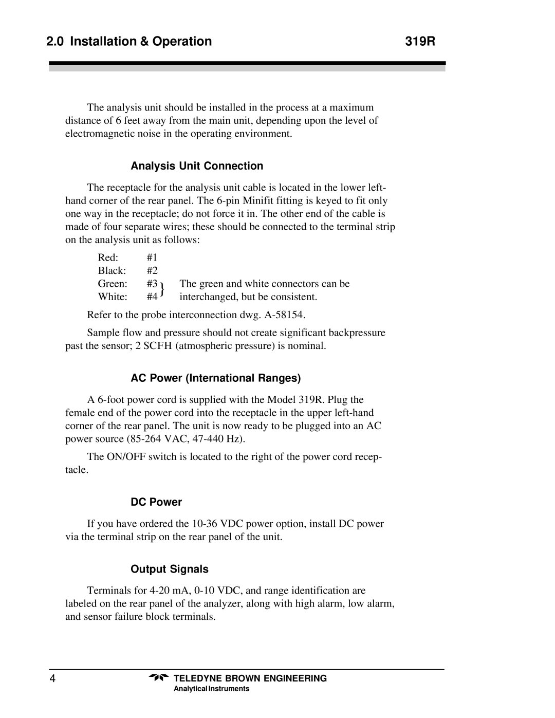 Teledyne Installation & Operation 319R, Analysis Unit Connection, AC Power International Ranges, DC Power 