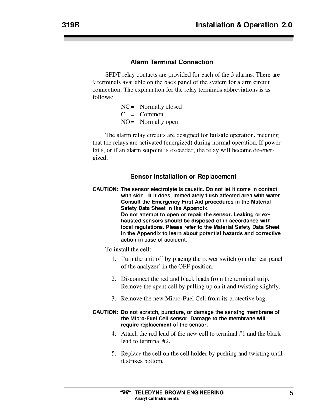 Teledyne 319R instruction manual Alarm Terminal Connection, Sensor Installation or Replacement 