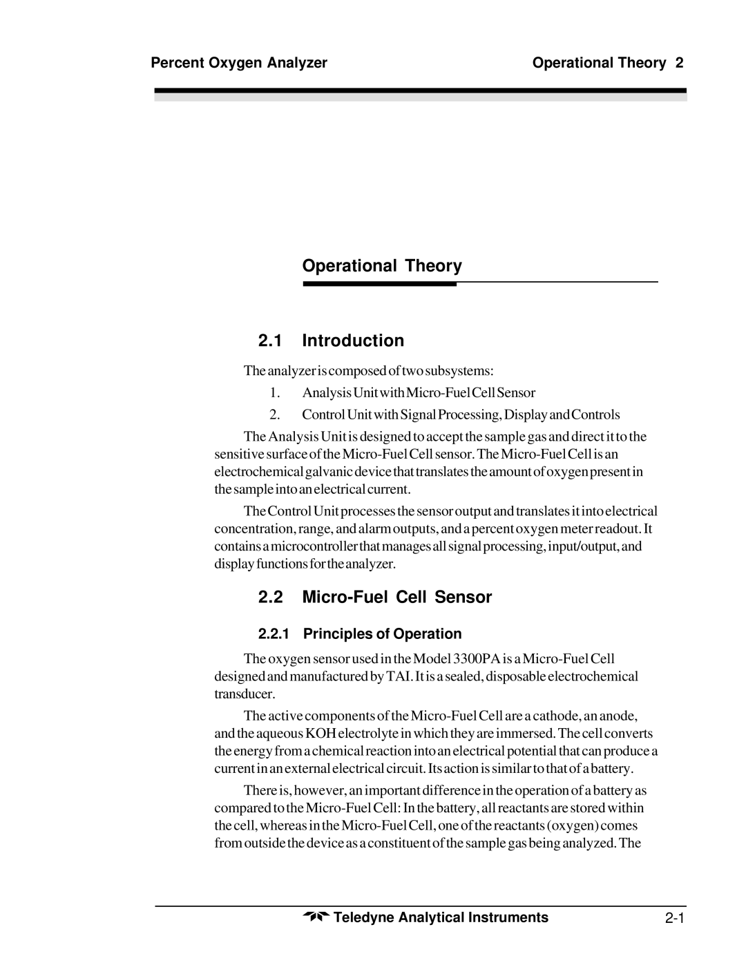 Teledyne 3300PA Operational Theory Introduction, Micro-Fuel Cell Sensor, Percent Oxygen Analyzer Operational Theory 