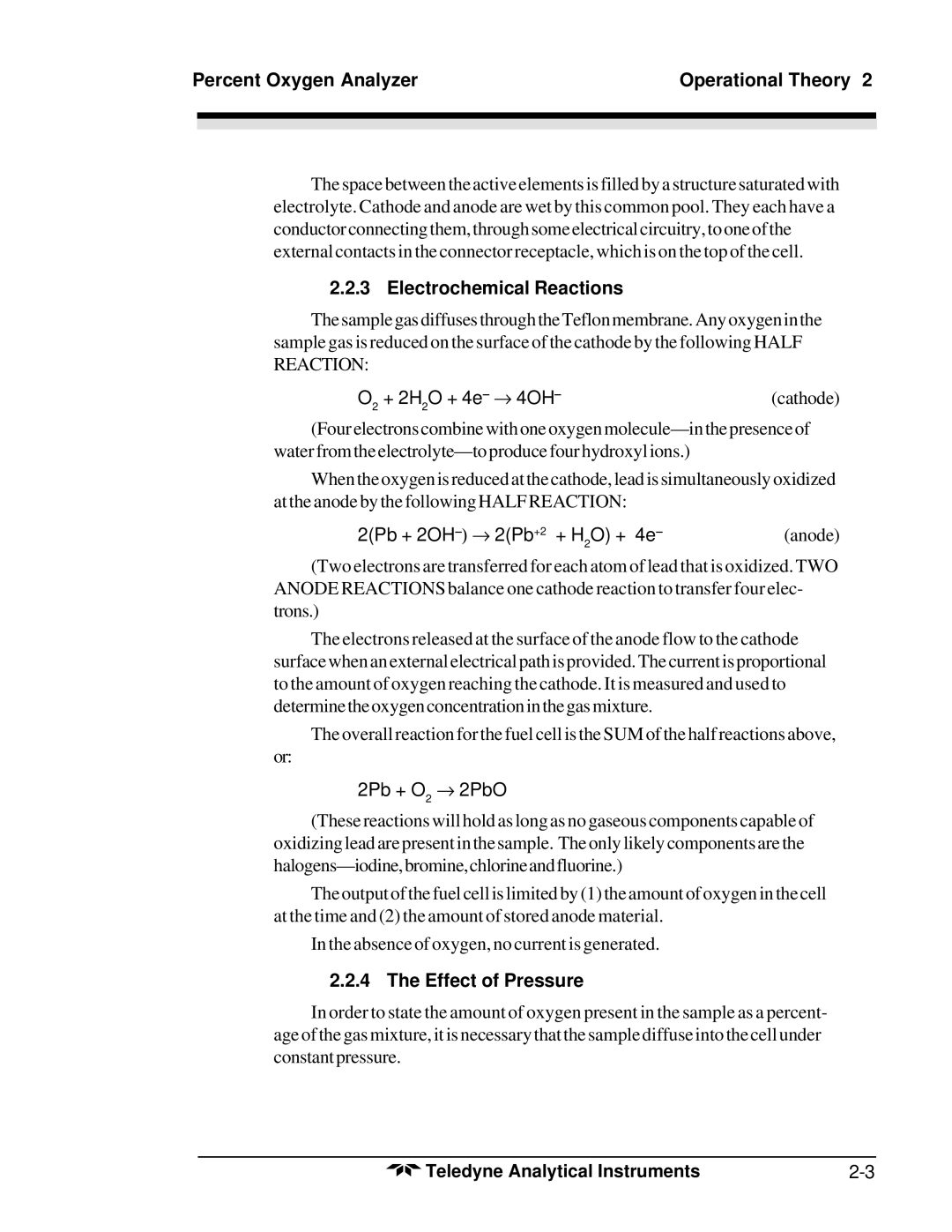 Teledyne 3300PA operating instructions Electrochemical Reactions, Effect of Pressure 