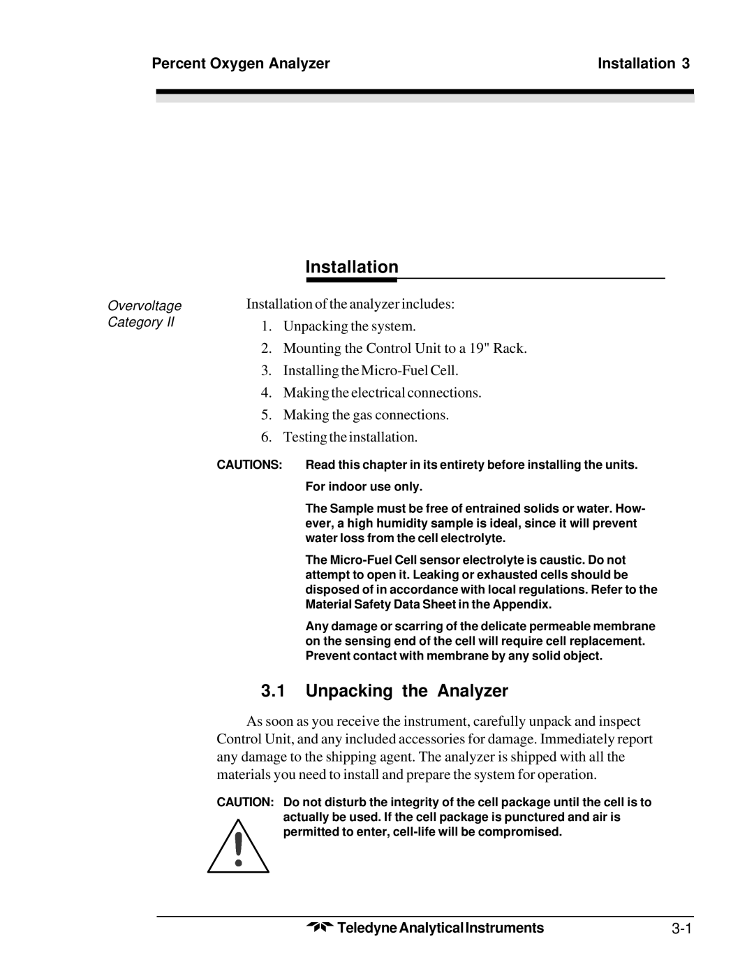 Teledyne 3300PA operating instructions Unpacking the Analyzer, Percent Oxygen Analyzer Installation 