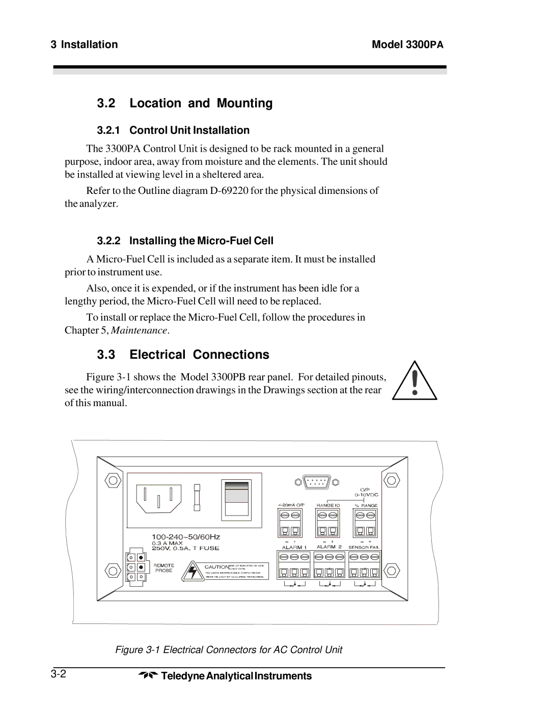 Teledyne Location and Mounting, Electrical Connections, Installation Model 3300PA, Control Unit Installation 