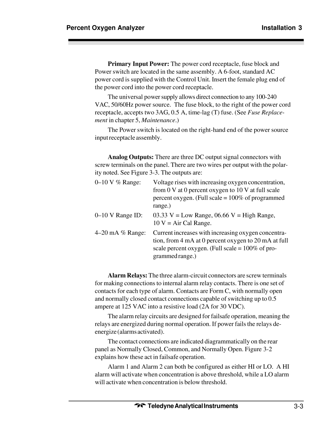 Teledyne 3300PA operating instructions Percent Oxygen Analyzer Installation 