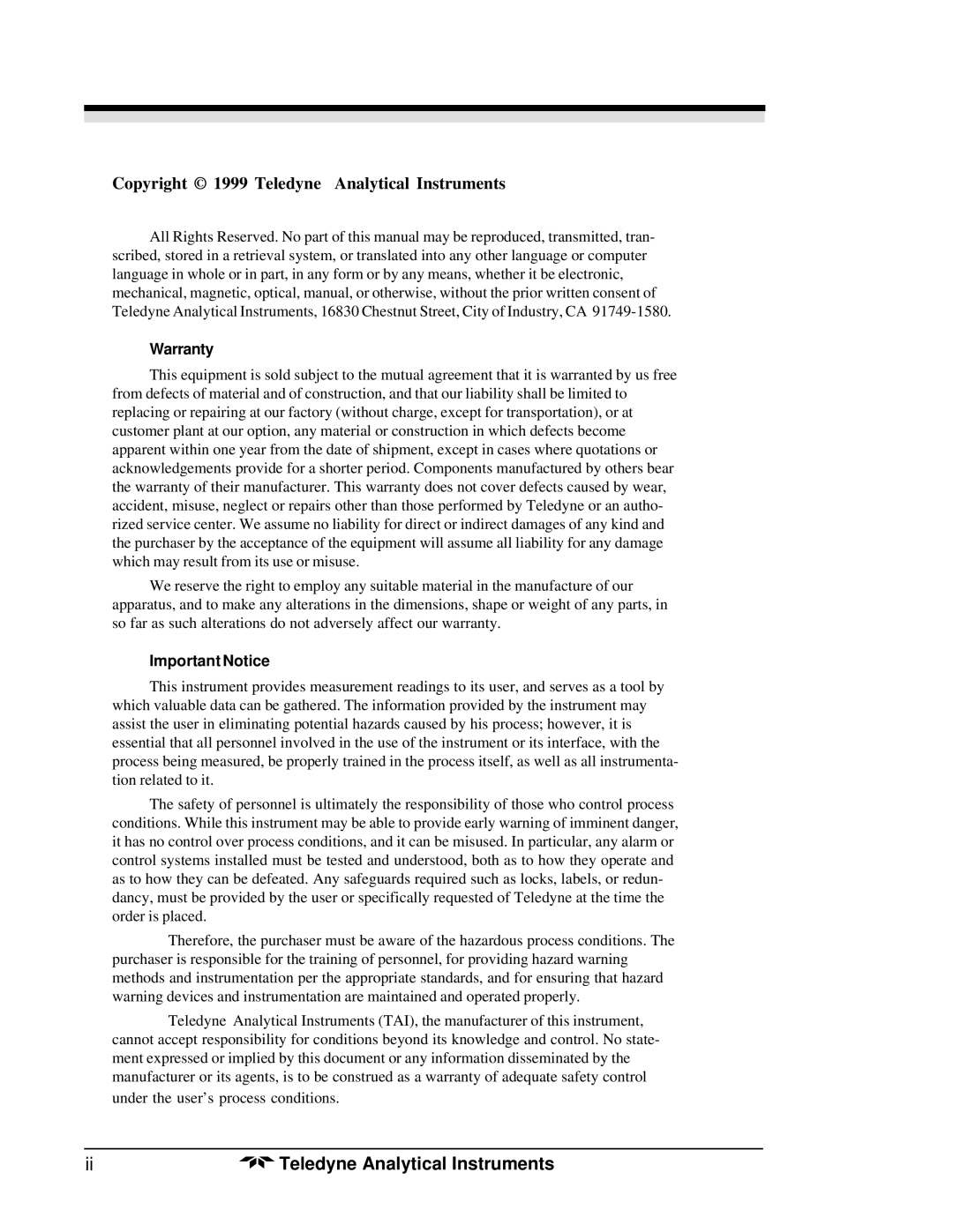 Teledyne 3300PA operating instructions Copyright 1999 Teledyne Analytical Instruments 