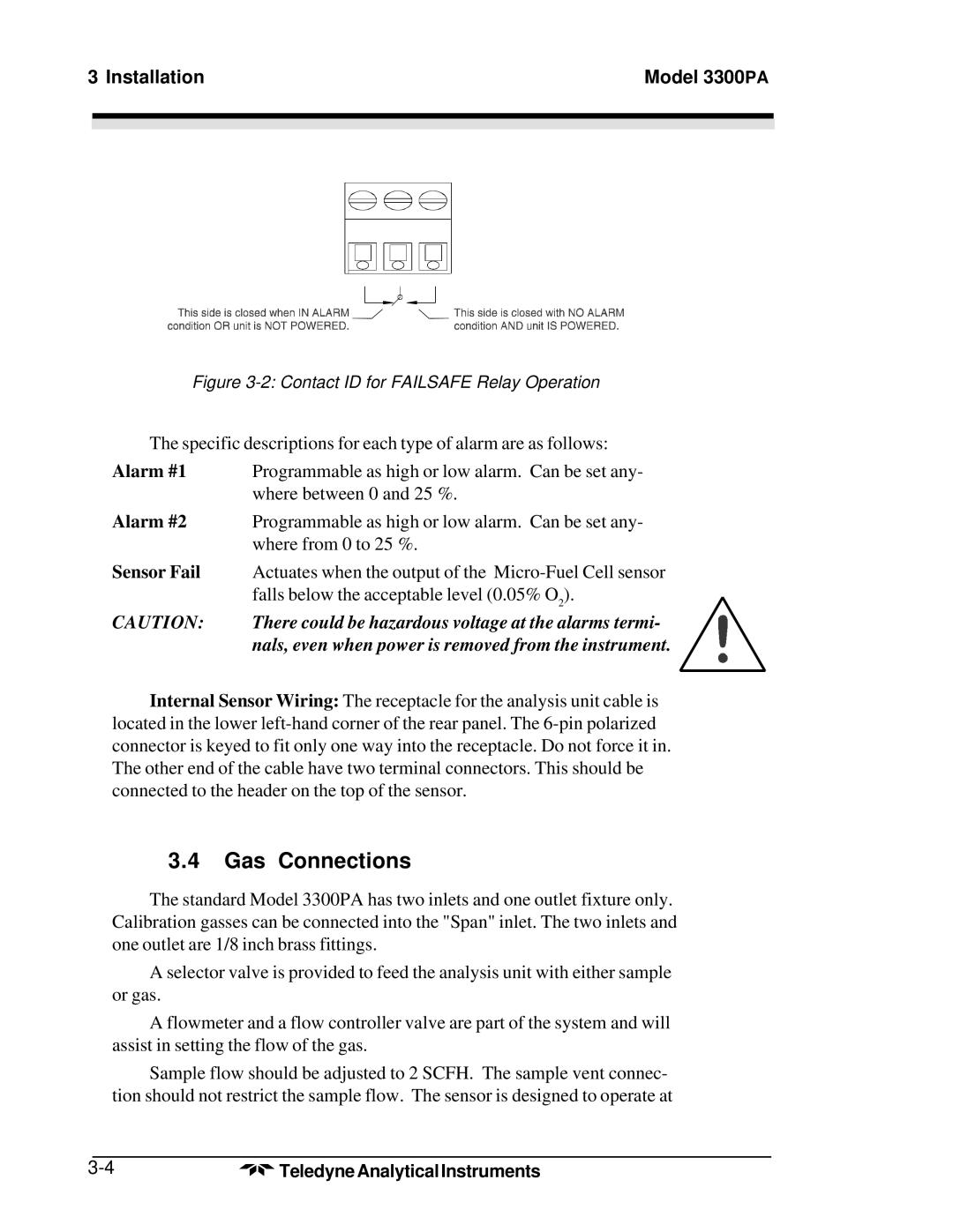 Teledyne 3300PA operating instructions Gas Connections, Sensor Fail 