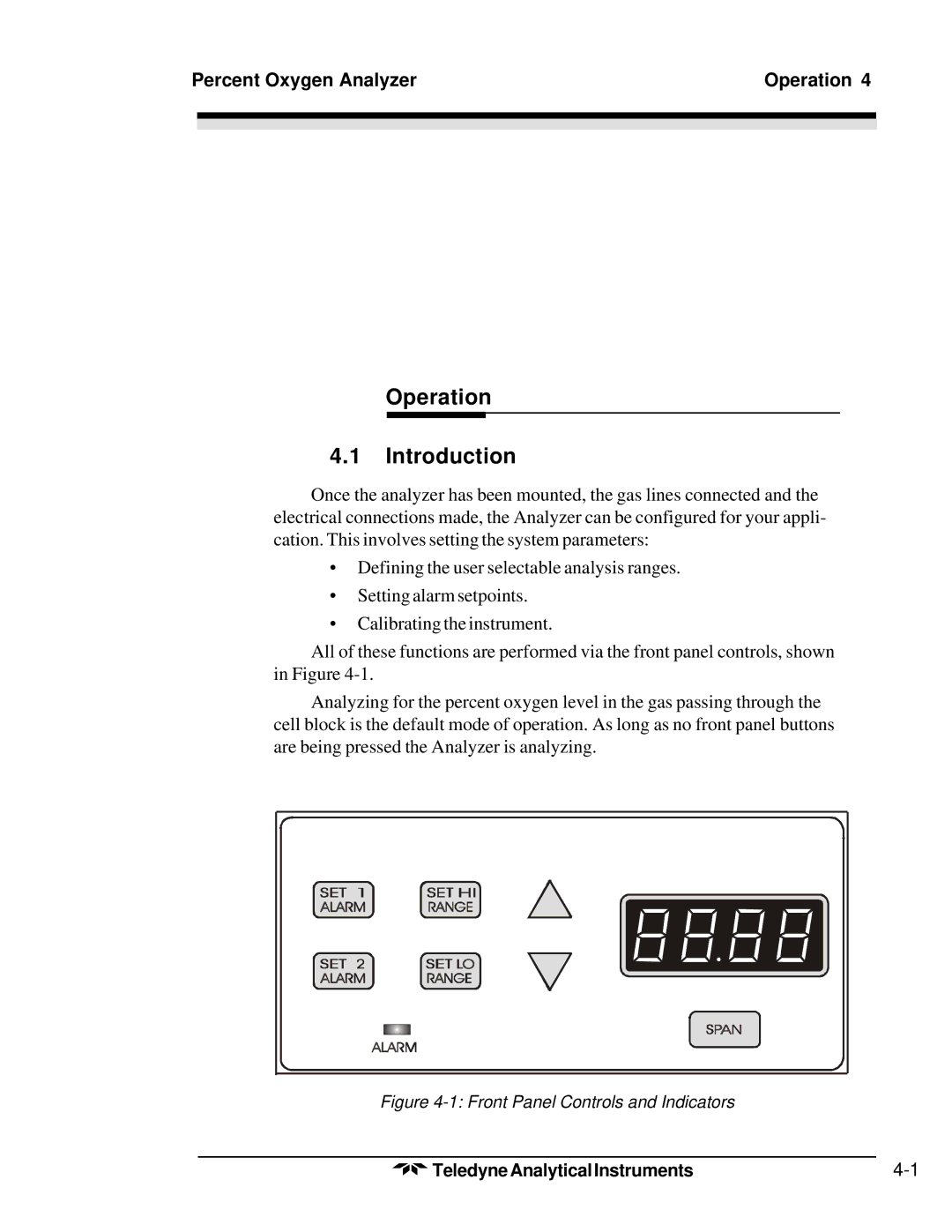 Teledyne 3300PA operating instructions Operation Introduction, Percent Oxygen Analyzer Operation 