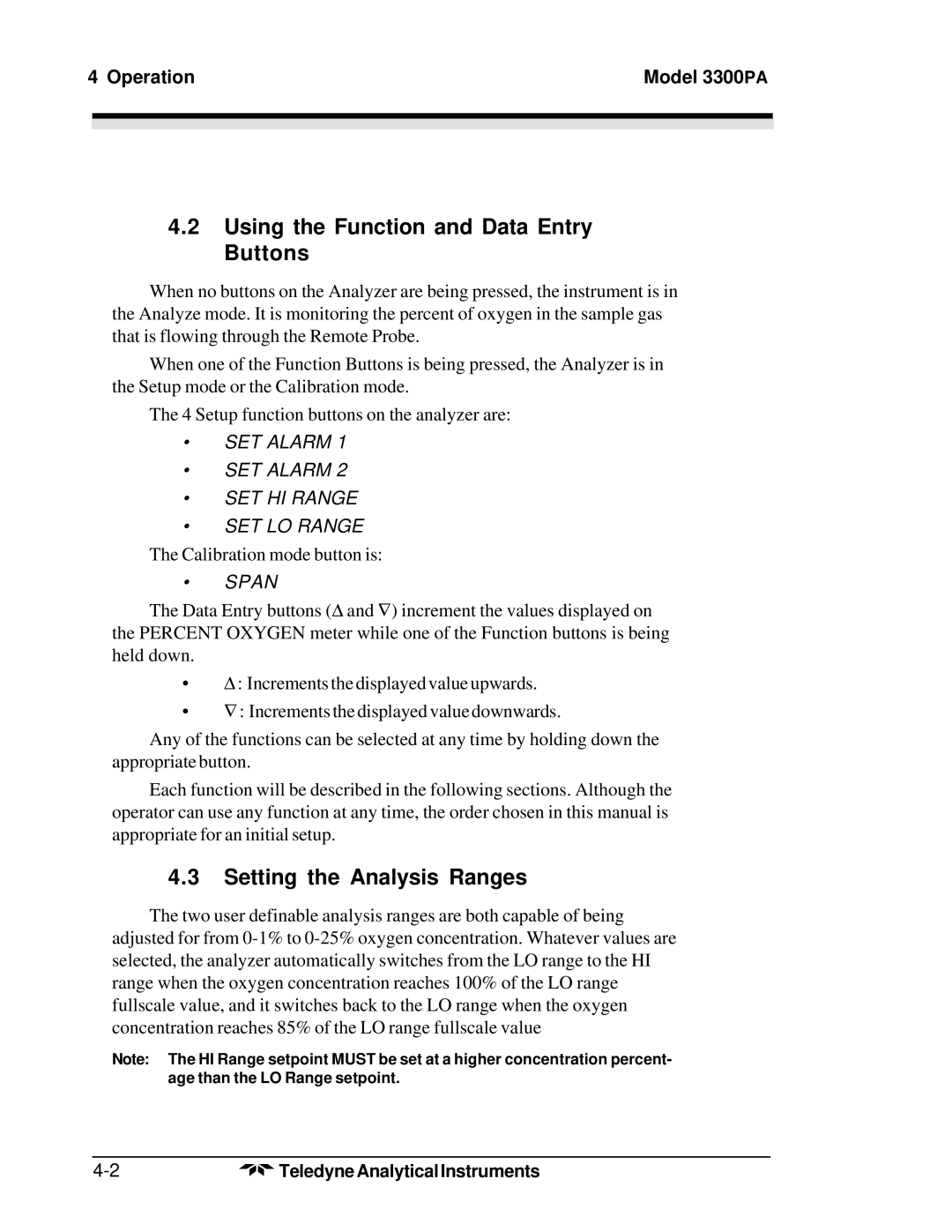 Teledyne Using the Function and Data Entry Buttons, Setting the Analysis Ranges, Operation Model 3300PA 