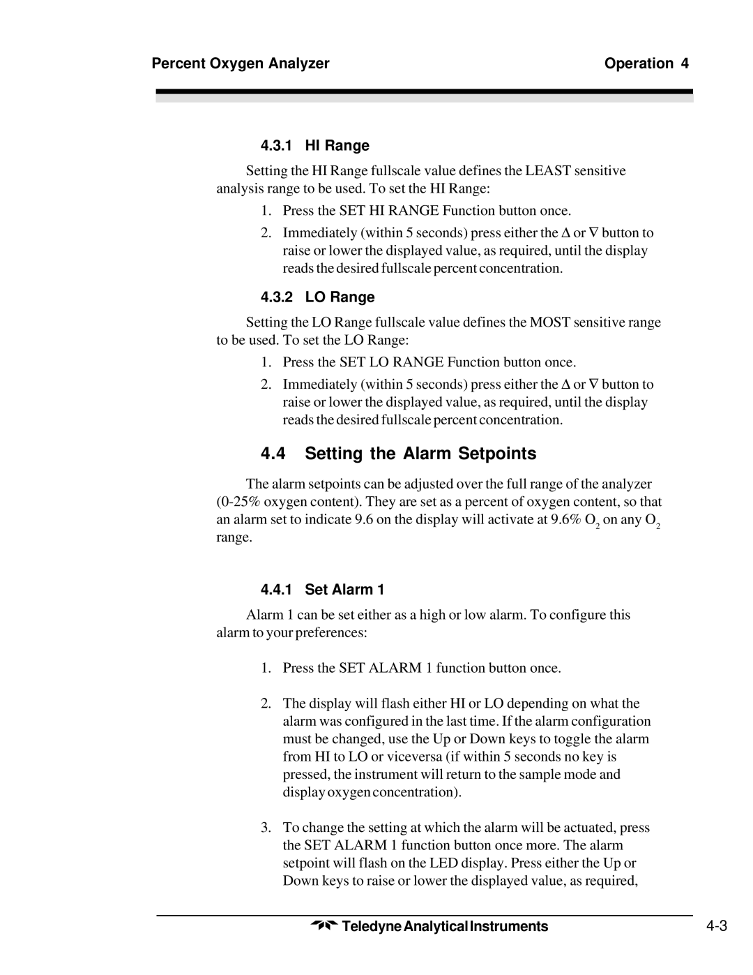 Teledyne 3300PA Setting the Alarm Setpoints, Percent Oxygen Analyzer Operation HI Range, LO Range, Set Alarm 