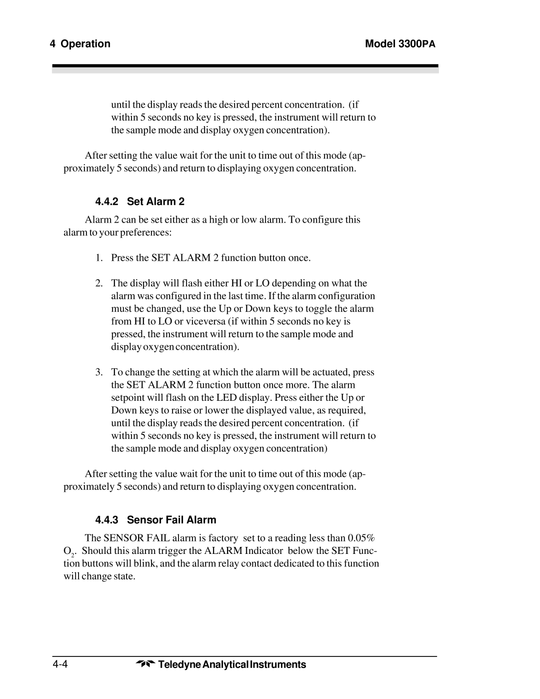 Teledyne 3300PA operating instructions Sensor Fail Alarm 