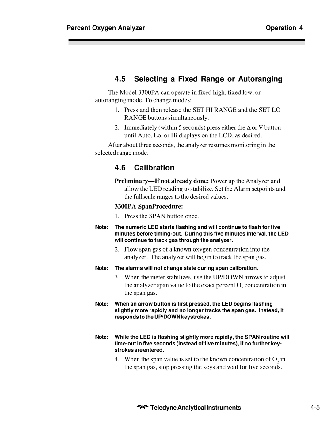 Teledyne 3300PA operating instructions Selecting a Fixed Range or Autoranging, Calibration 