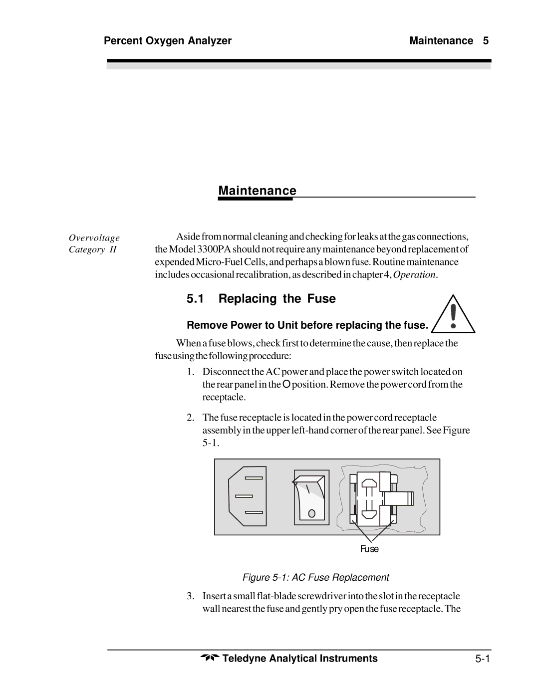 Teledyne 3300PA operating instructions Replacing the Fuse, Percent Oxygen Analyzer Maintenance 