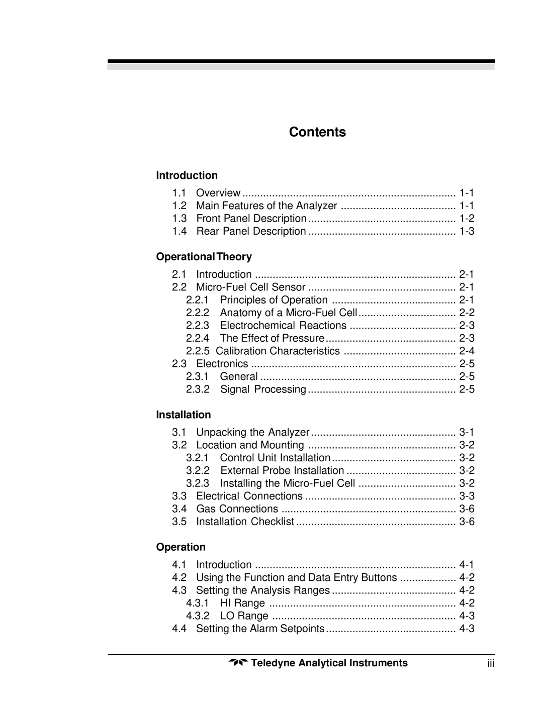 Teledyne 3300PA operating instructions Contents 