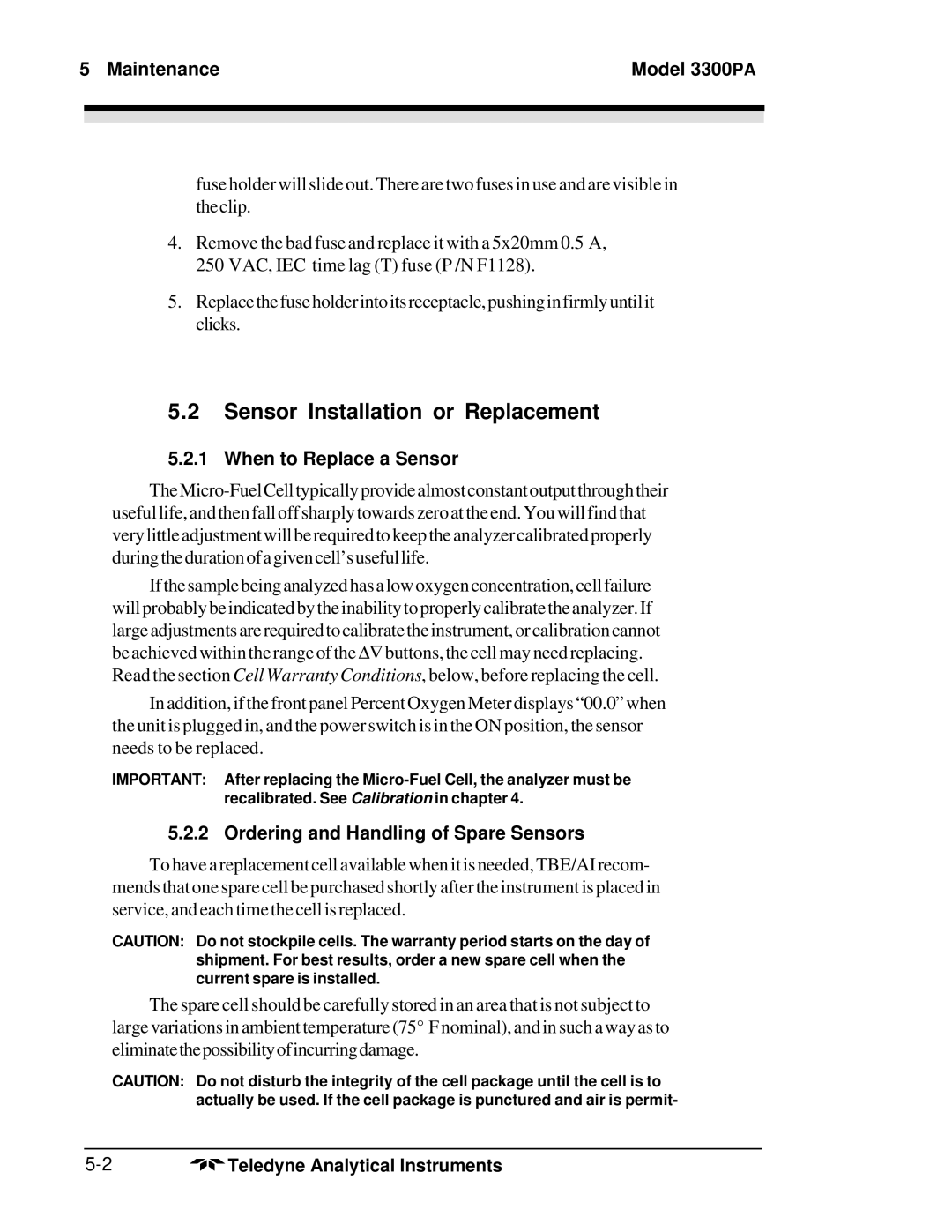 Teledyne operating instructions Sensor Installation or Replacement, Maintenance Model 3300PA, When to Replace a Sensor 