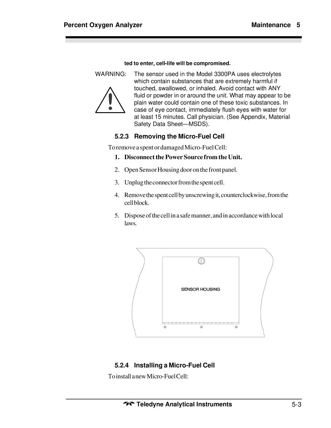 Teledyne 3300PA operating instructions Removing the Micro-Fuel Cell, Installing a Micro-Fuel Cell 