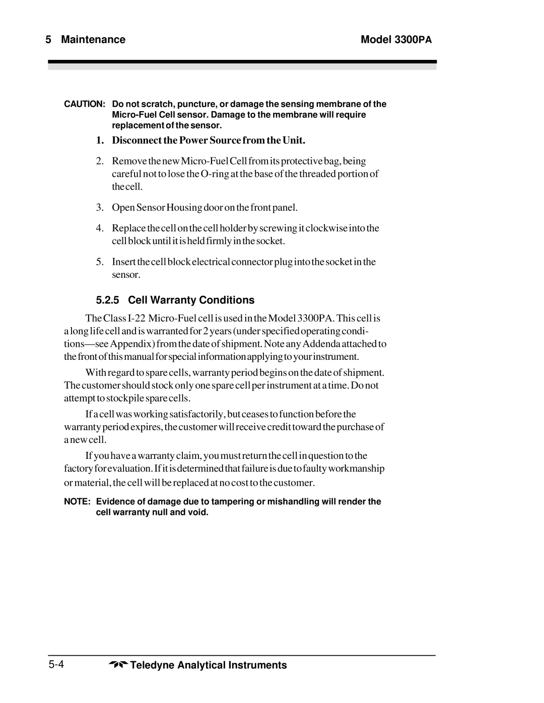 Teledyne 3300PA operating instructions Cell Warranty Conditions 