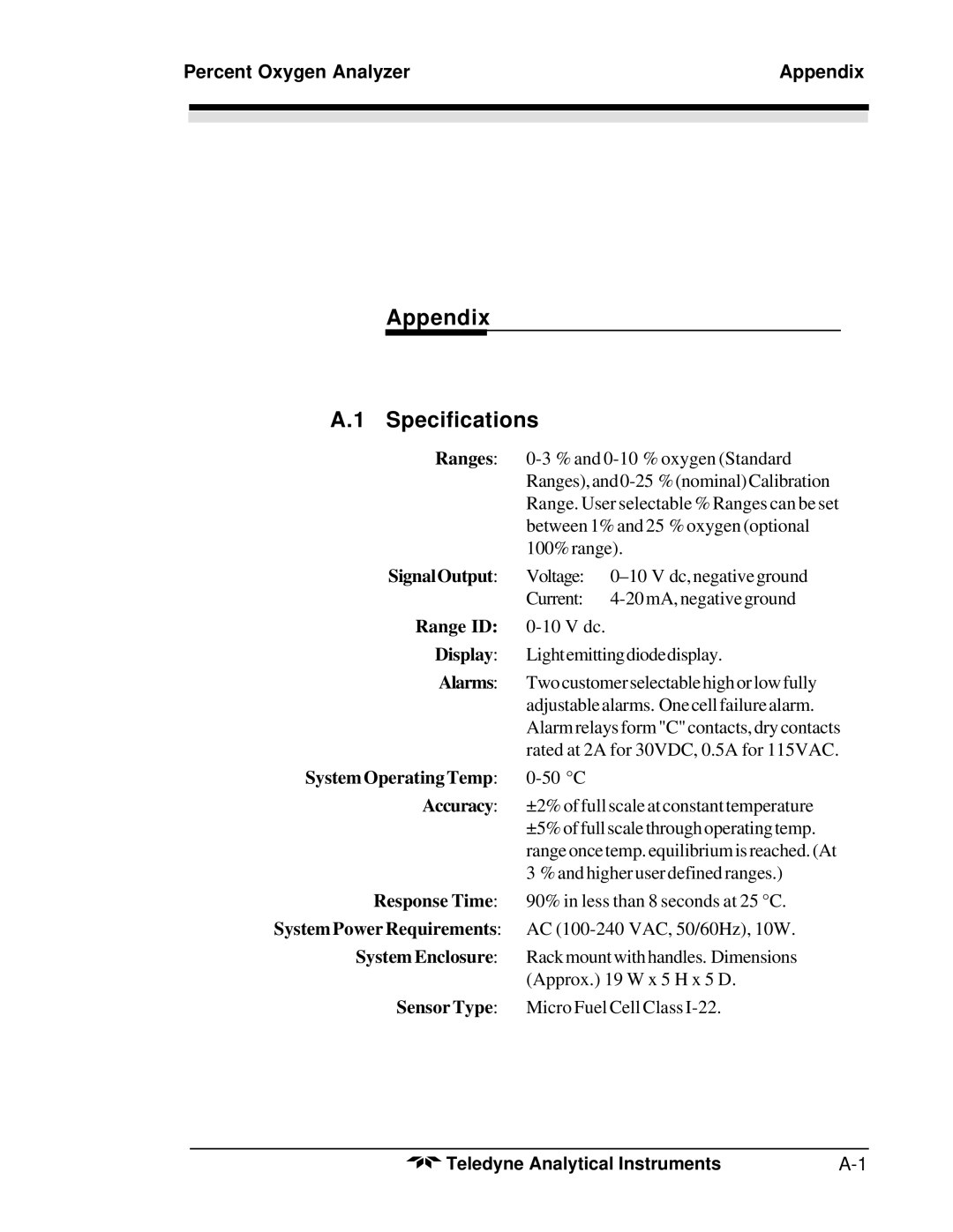 Teledyne 3300PA operating instructions Appendix Specifications, Percent Oxygen Analyzer Appendix 