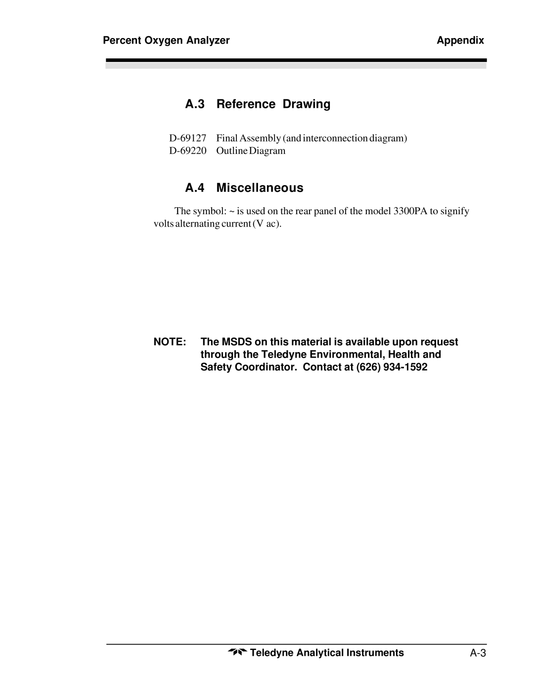 Teledyne 3300PA operating instructions Reference Drawing, Miscellaneous 