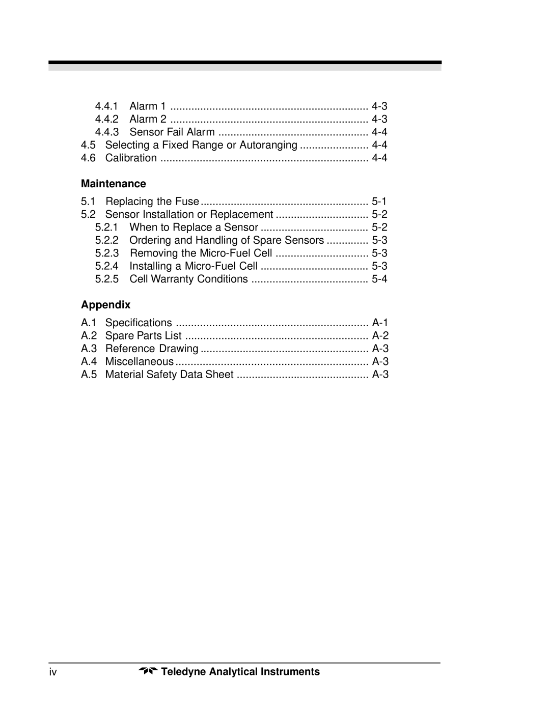 Teledyne 3300PA operating instructions Maintenance, Appendix 