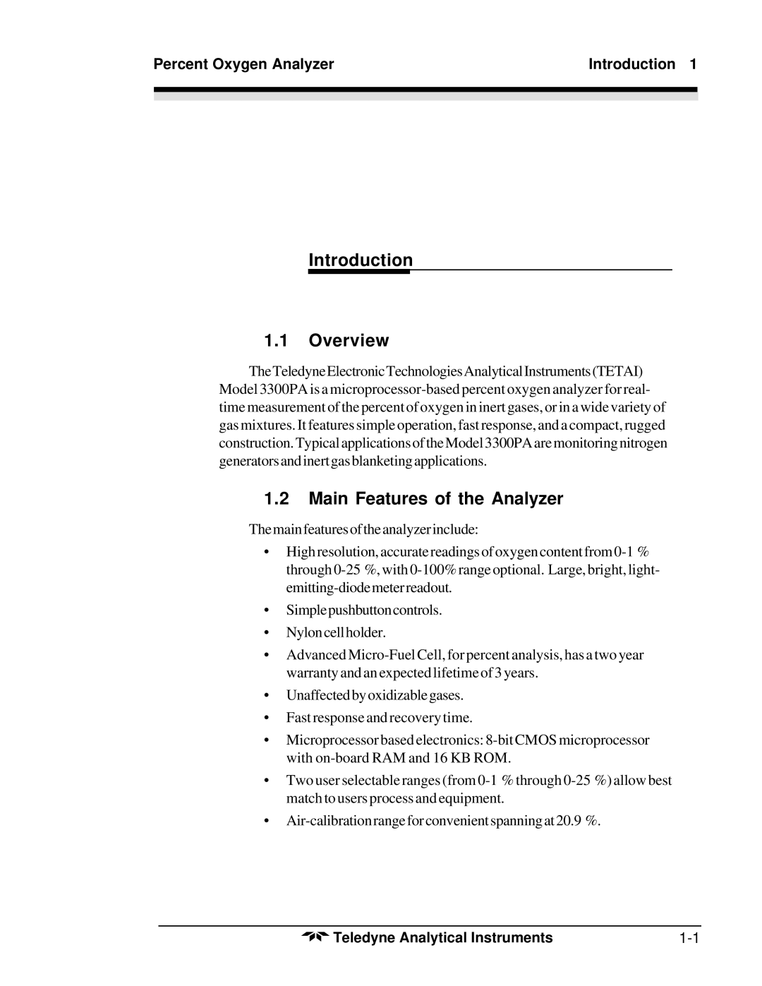 Teledyne 3300PA Introduction Overview, Main Features of the Analyzer, Percent Oxygen Analyzer Introduction 