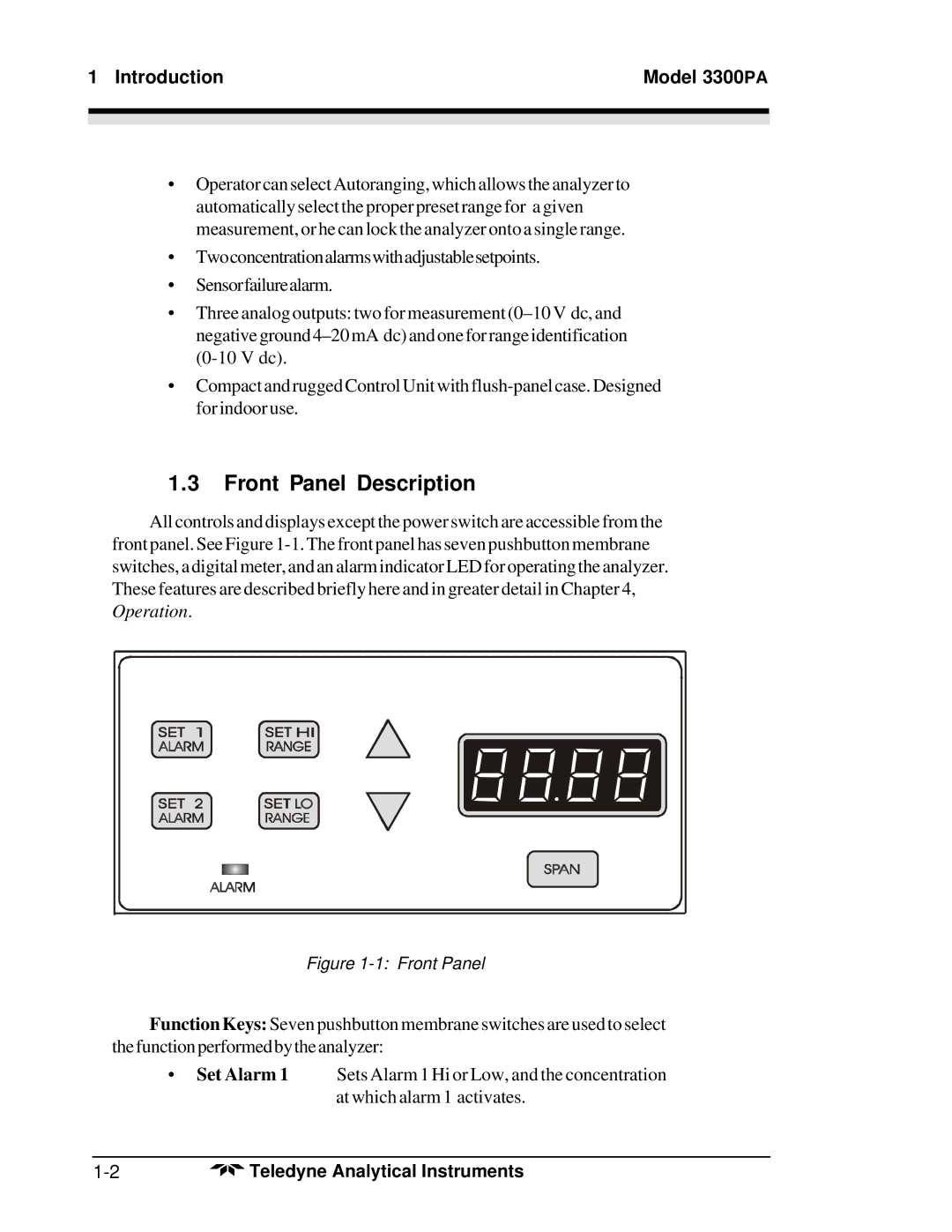 Teledyne operating instructions Front Panel Description, Introduction Model 3300PA 