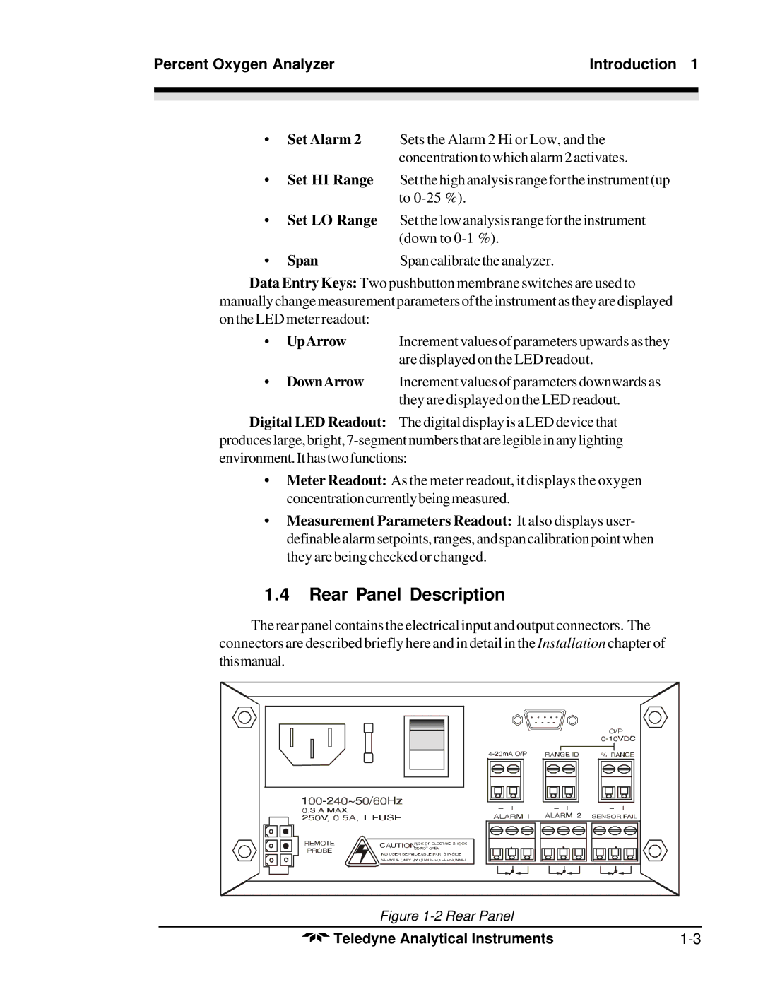 Teledyne 3300PA operating instructions Rear Panel Description 