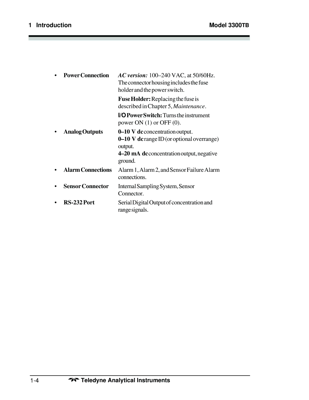 Teledyne 3300TB operating instructions Analog Outputs, RS-232 Port 