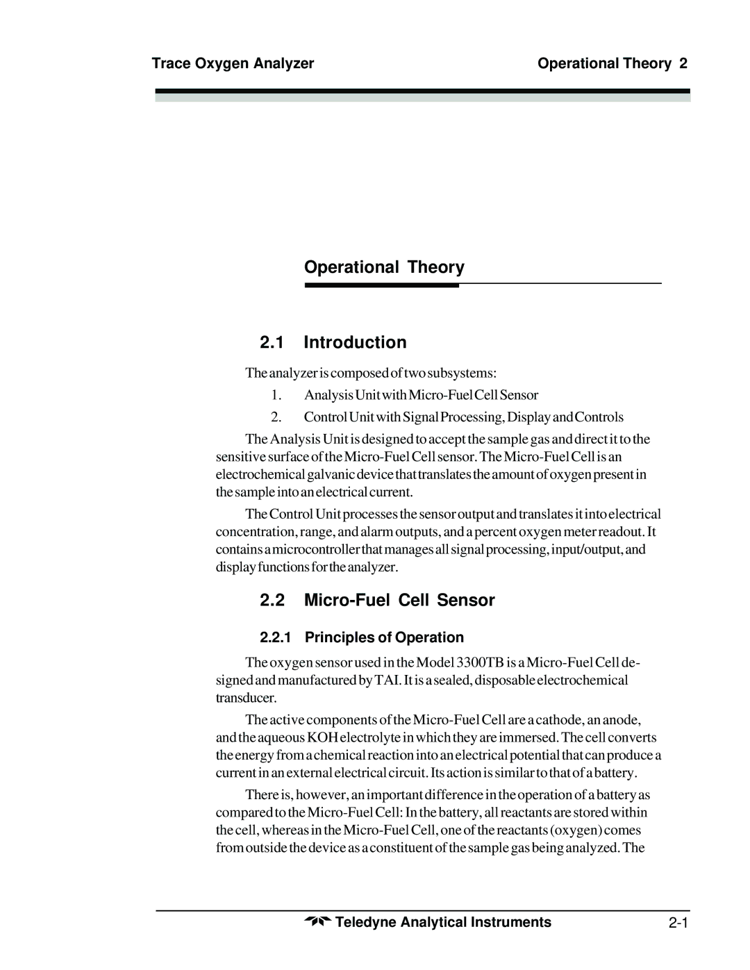 Teledyne 3300TB Operational Theory Introduction, Micro-Fuel Cell Sensor, Trace Oxygen Analyzer Operational Theory 