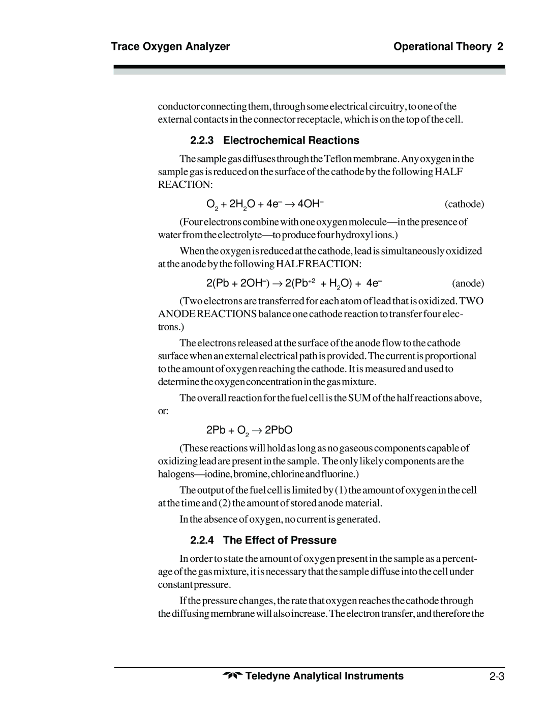 Teledyne 3300TB operating instructions Electrochemical Reactions, Effect of Pressure 