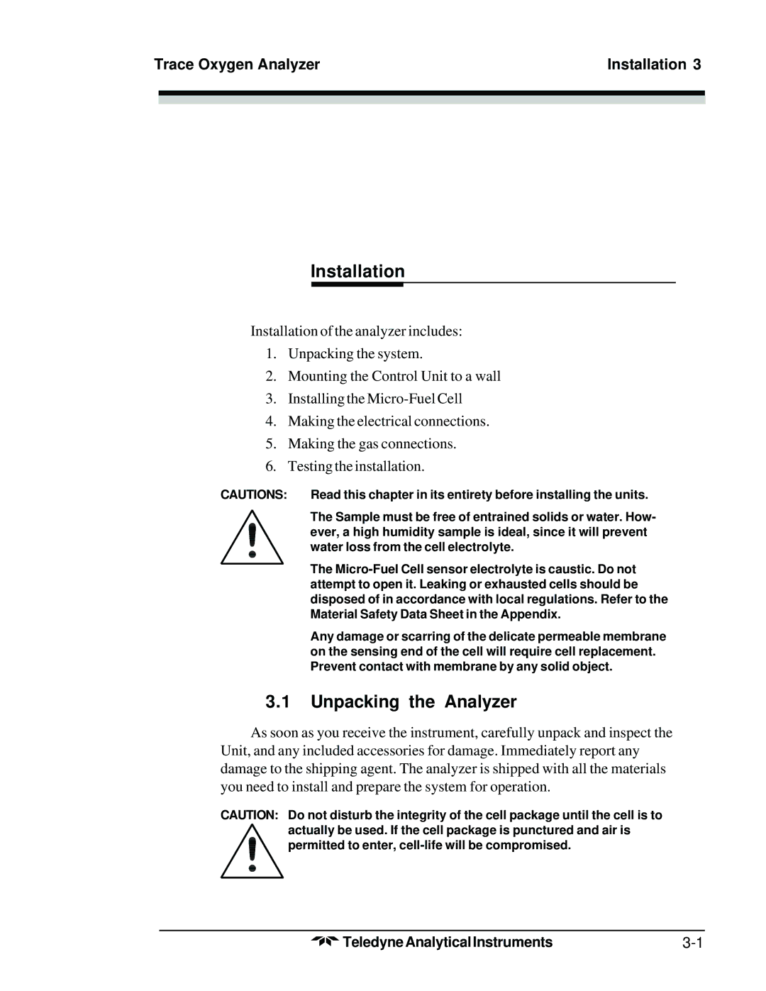 Teledyne 3300TB operating instructions Unpacking the Analyzer, Trace Oxygen Analyzer Installation 