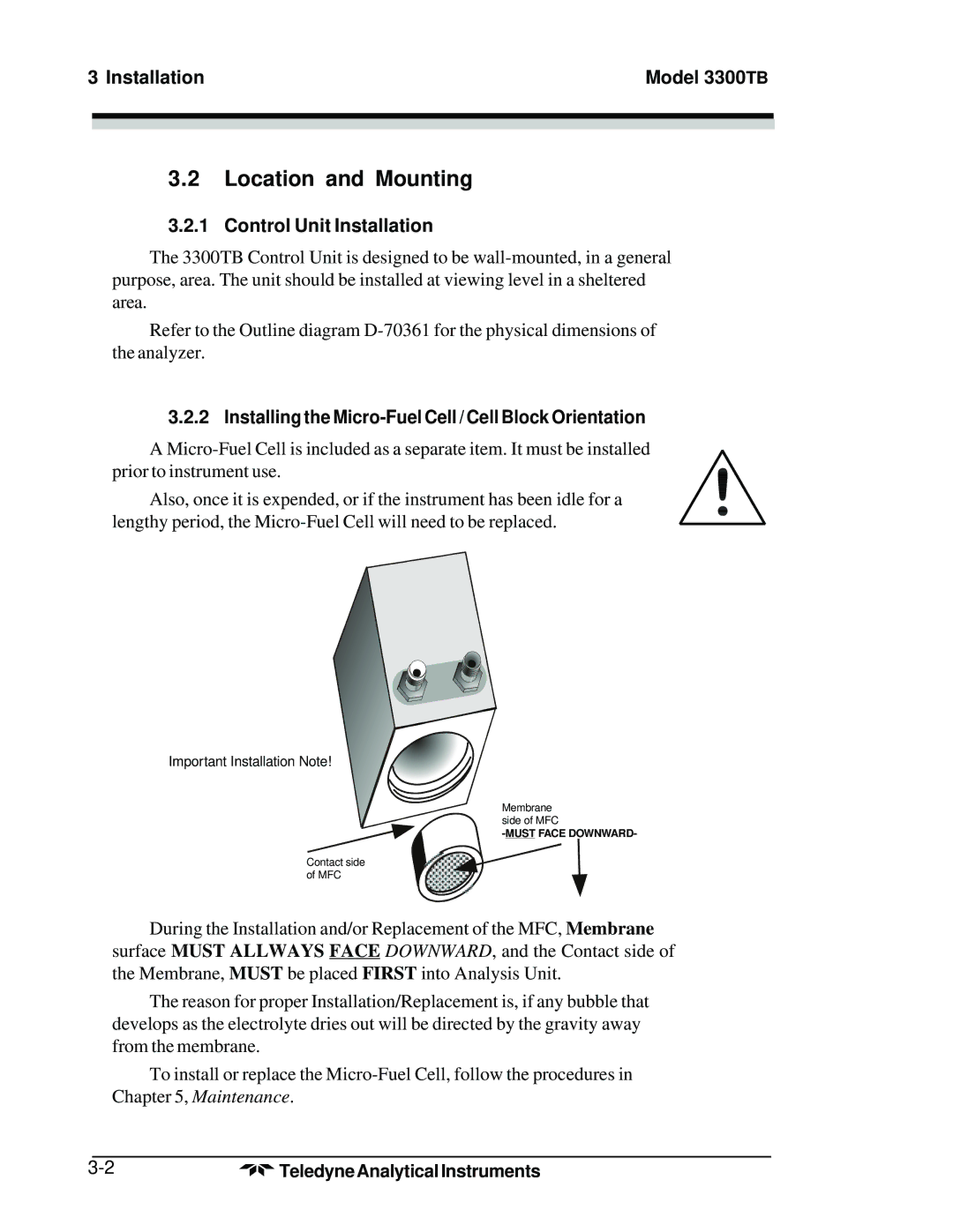 Teledyne operating instructions Location and Mounting, Installation Model 3300TB, Control Unit Installation 