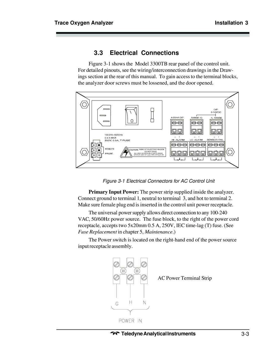 Teledyne 3300TB operating instructions Electrical Connections, Electrical Connectors for AC Control Unit 