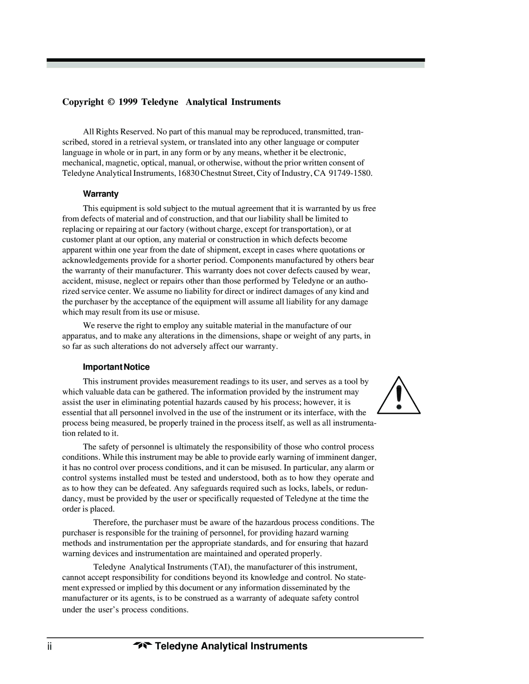 Teledyne 3300TB operating instructions Copyright 1999 Teledyne Analytical Instruments 