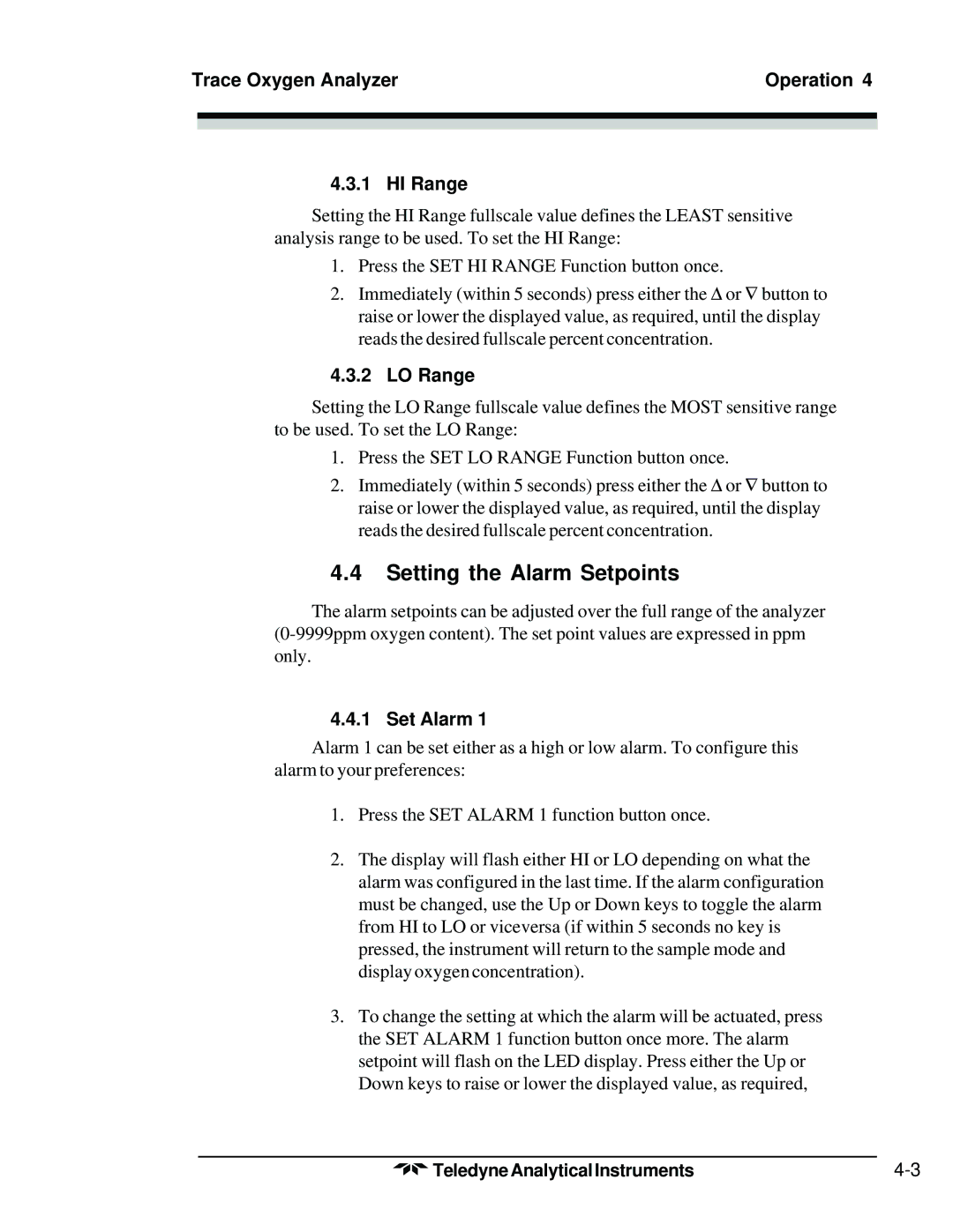 Teledyne 3300TB Setting the Alarm Setpoints, Trace Oxygen Analyzer Operation HI Range, LO Range, Set Alarm 