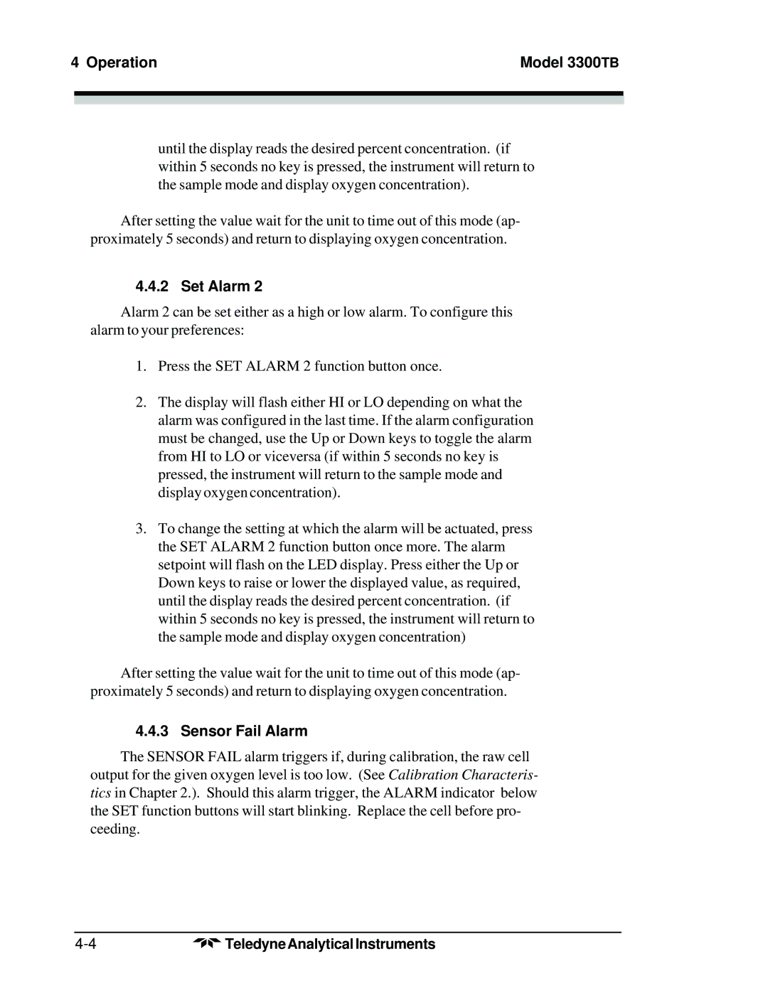 Teledyne 3300TB operating instructions Sensor Fail Alarm 