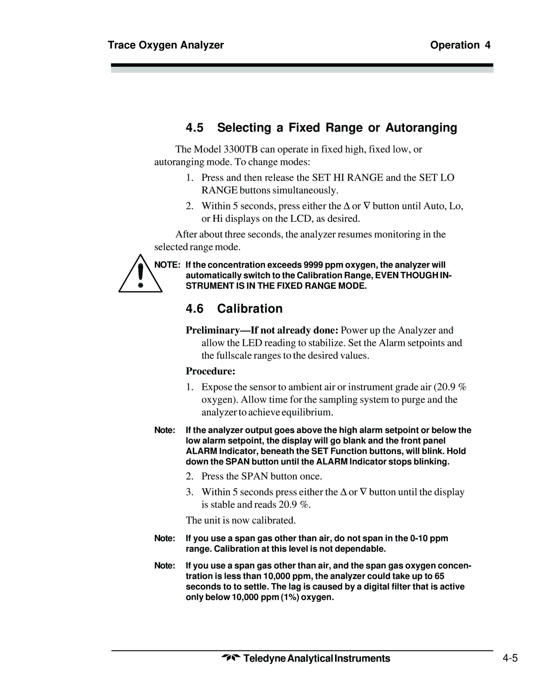 Teledyne 3300TB operating instructions Selecting a Fixed Range or Autoranging, Calibration 