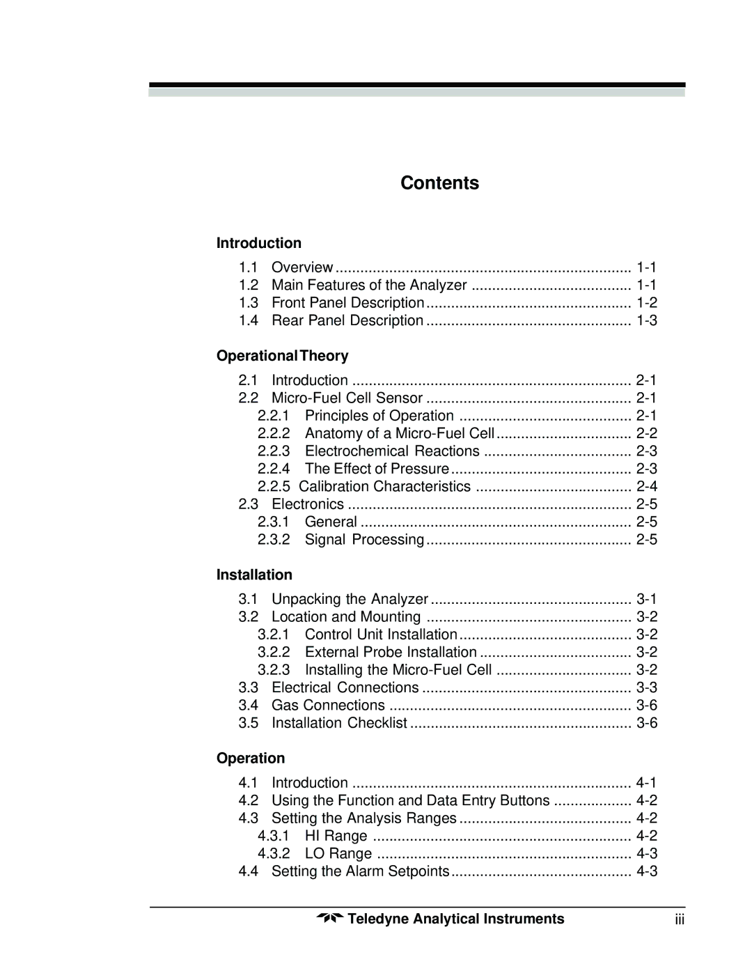 Teledyne 3300TB operating instructions Contents 