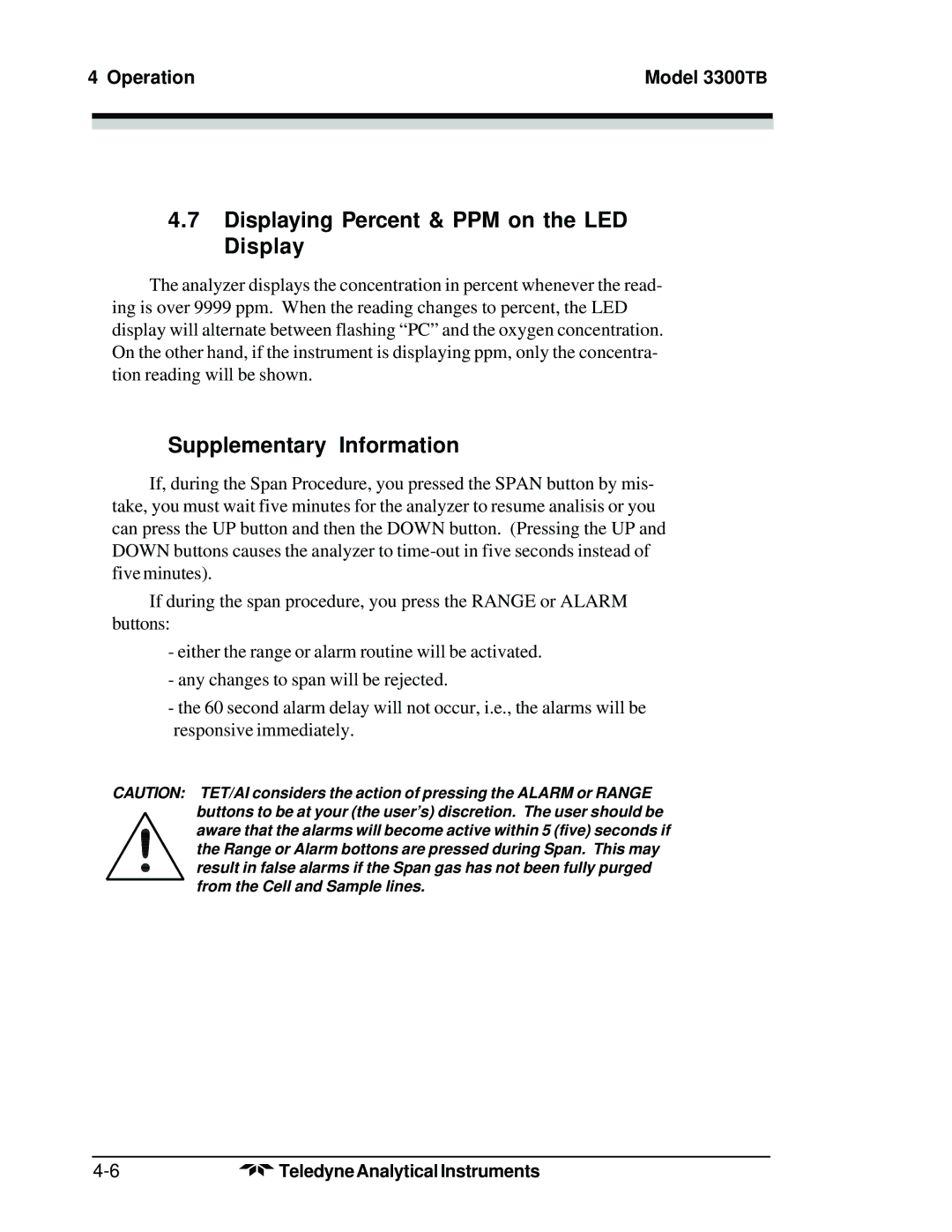 Teledyne 3300TB Displaying Percent & PPM on the LED Display, Supplementary Information, Operation Model 3300 TB 