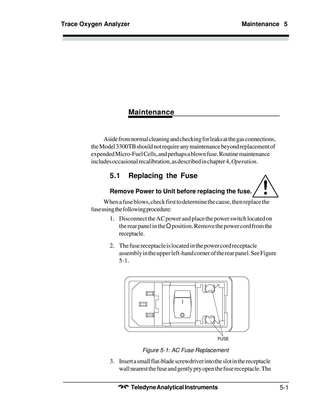 Teledyne 3300TB Replacing the Fuse, Trace Oxygen Analyzer Maintenance, Remove Power to Unit before replacing the fuse 