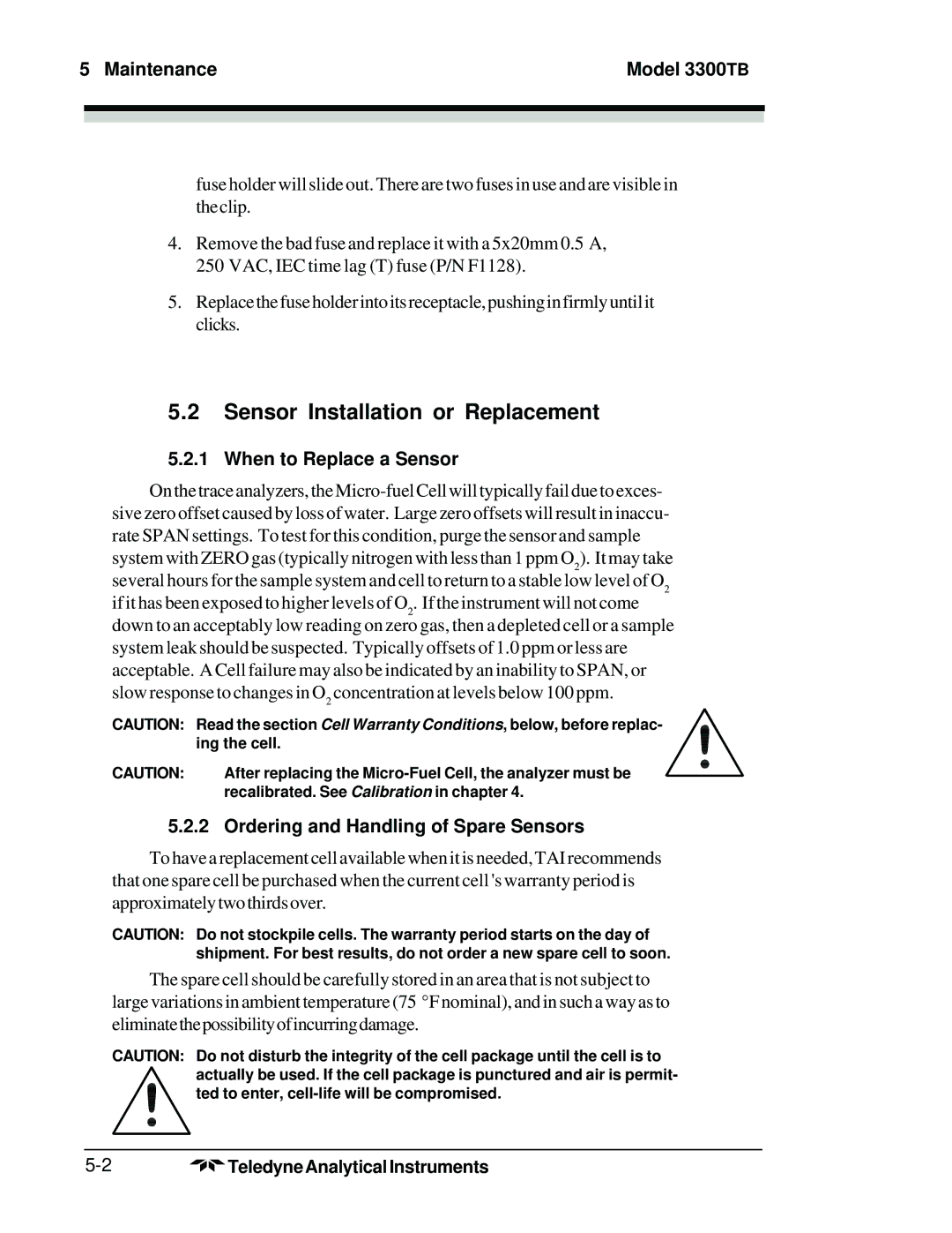 Teledyne operating instructions Sensor Installation or Replacement, Maintenance Model 3300TB, When to Replace a Sensor 